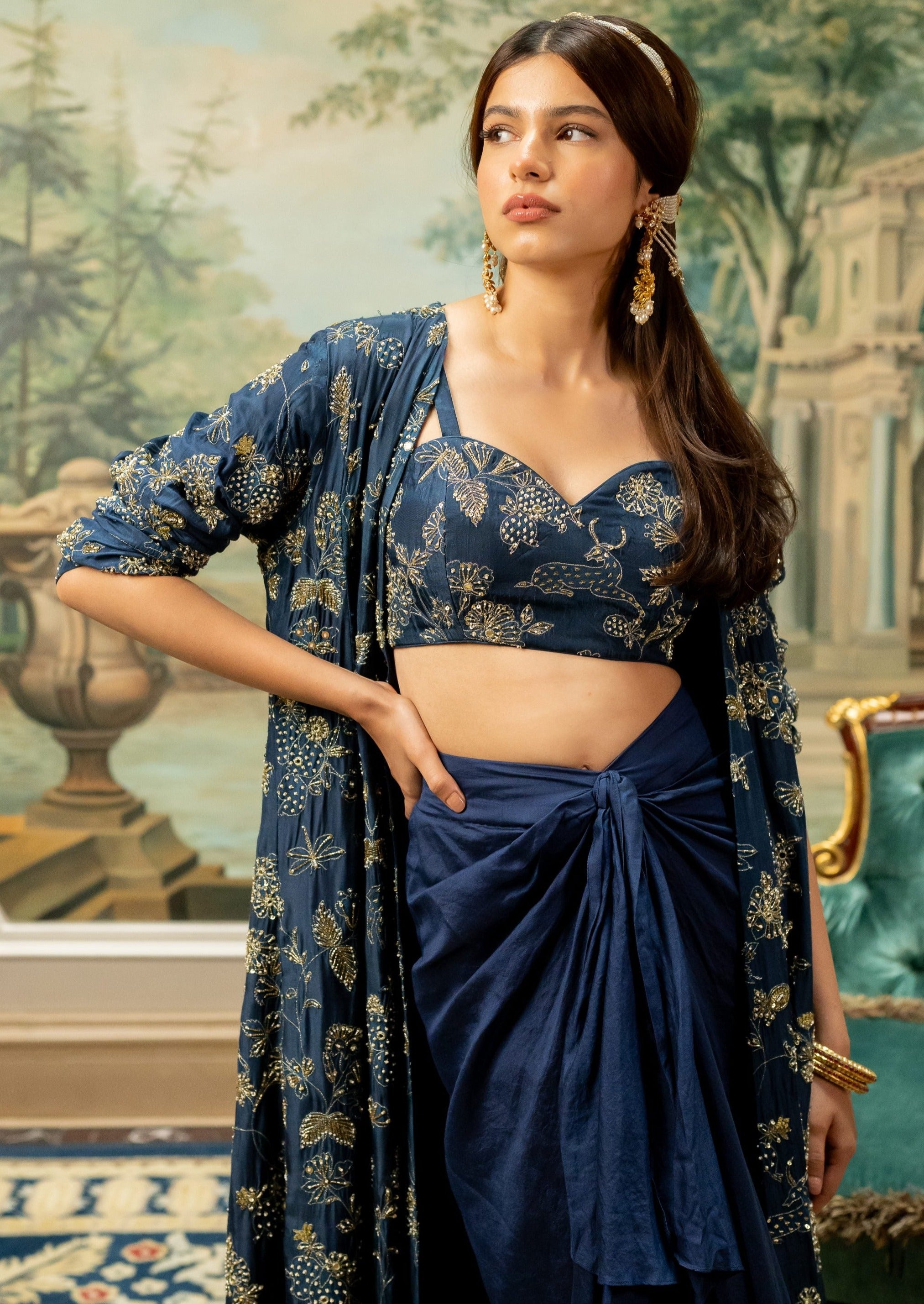 Navy Blue Self Woven Jacquard Jacket Set