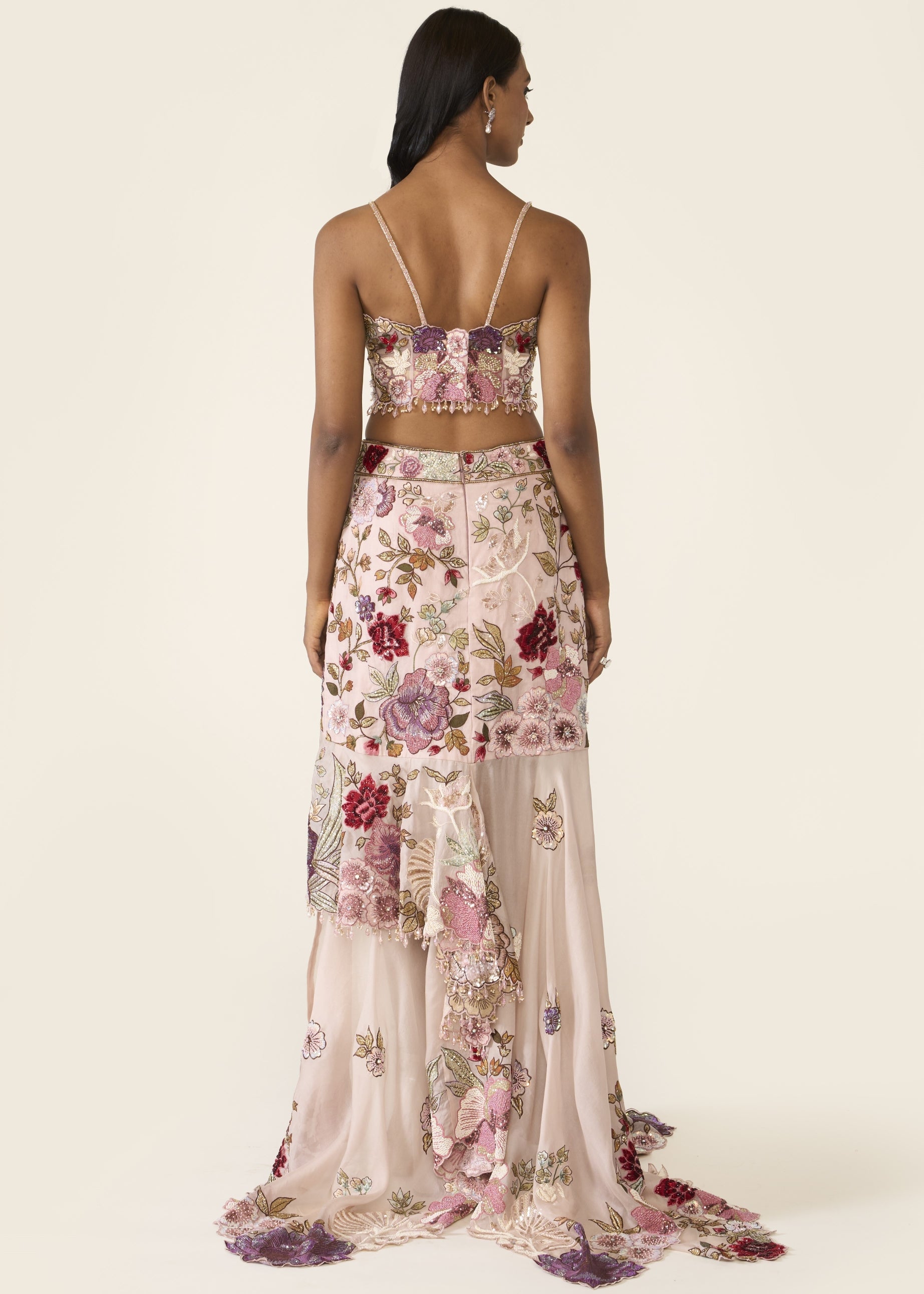 Pink Embroidered Asymmetric Skirt Set