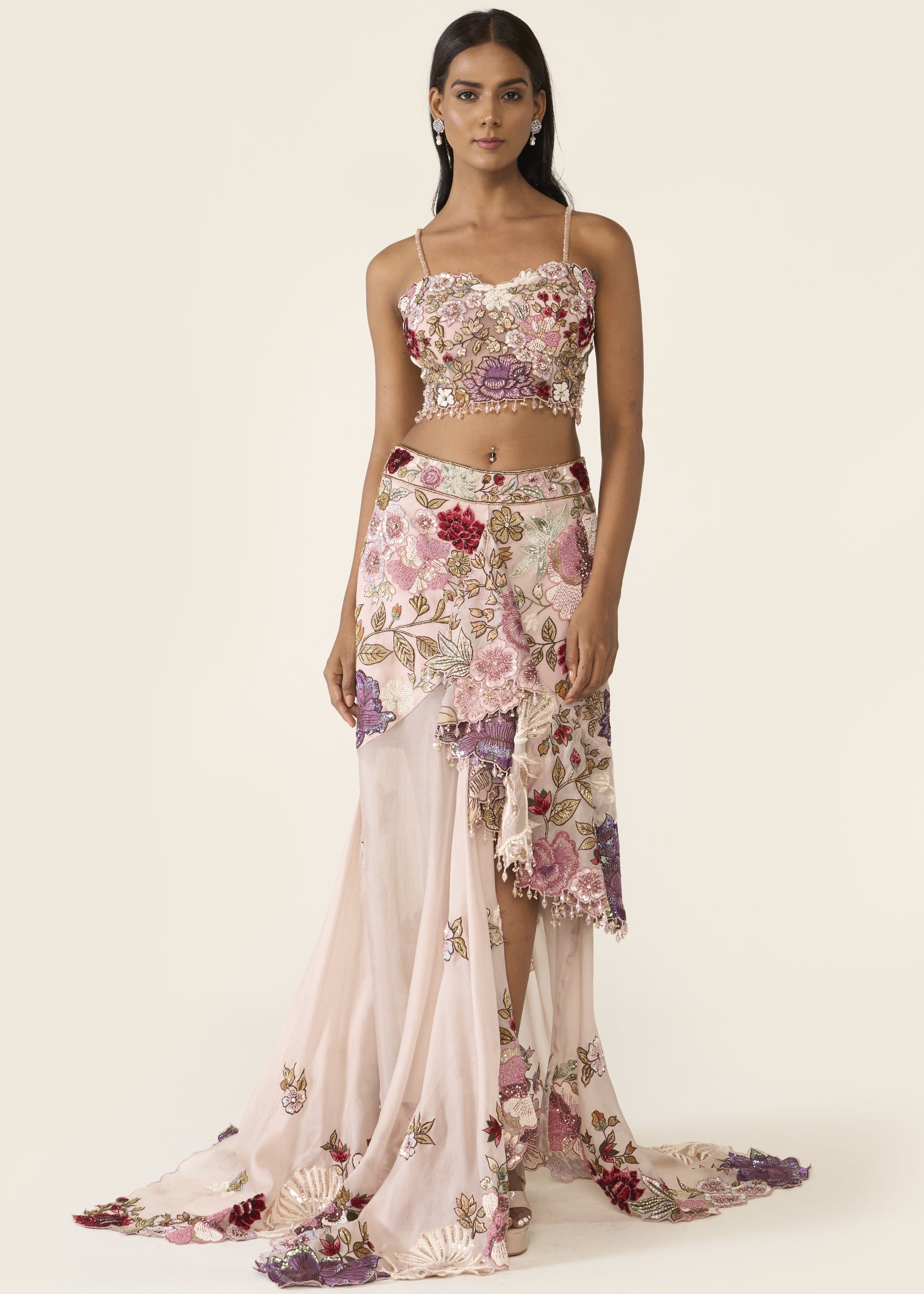 Pink Embroidered Asymmetric Skirt Set