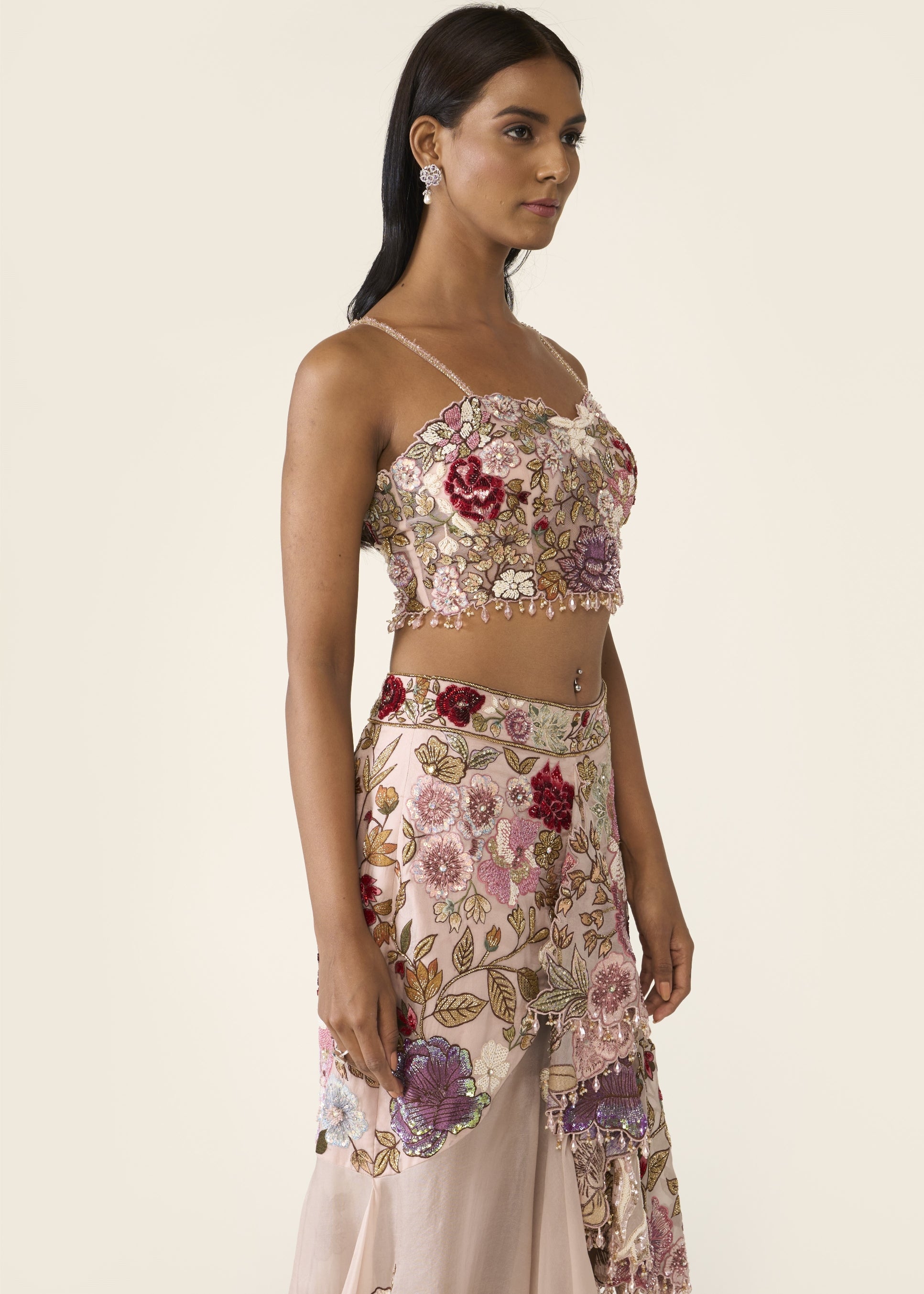 Pink Embroidered Asymmetric Skirt Set