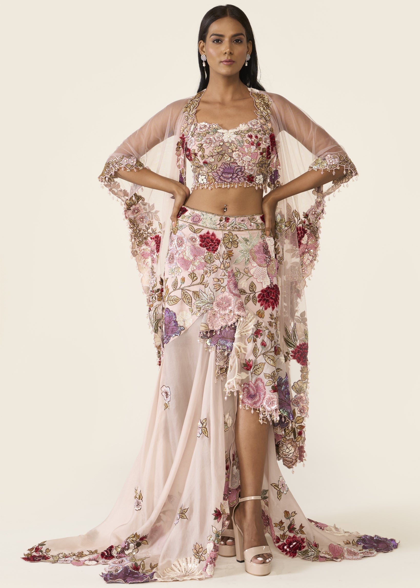 Pink Embroidered Asymmetric Skirt Set