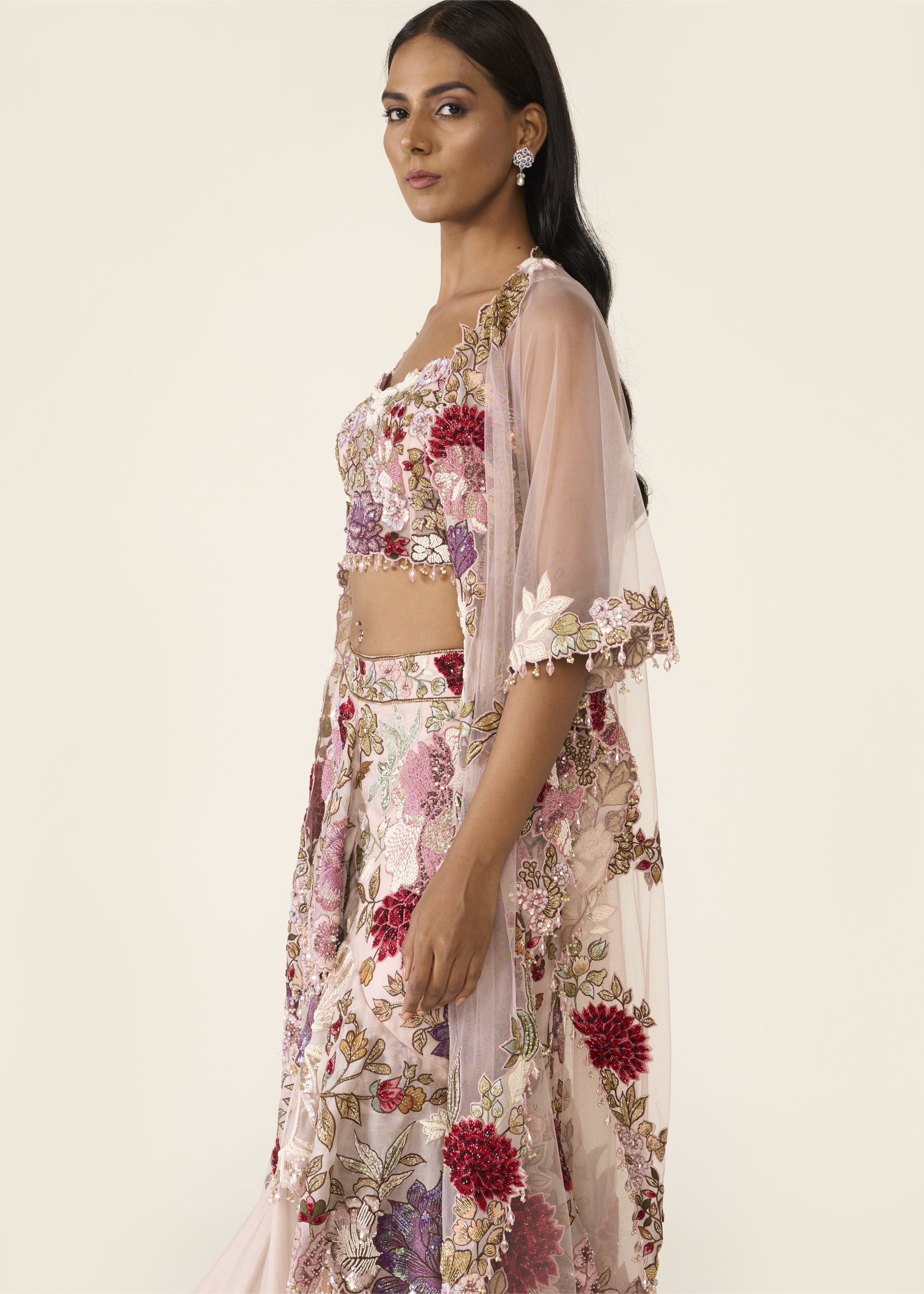Pink Embroidered Asymmetric Skirt Set