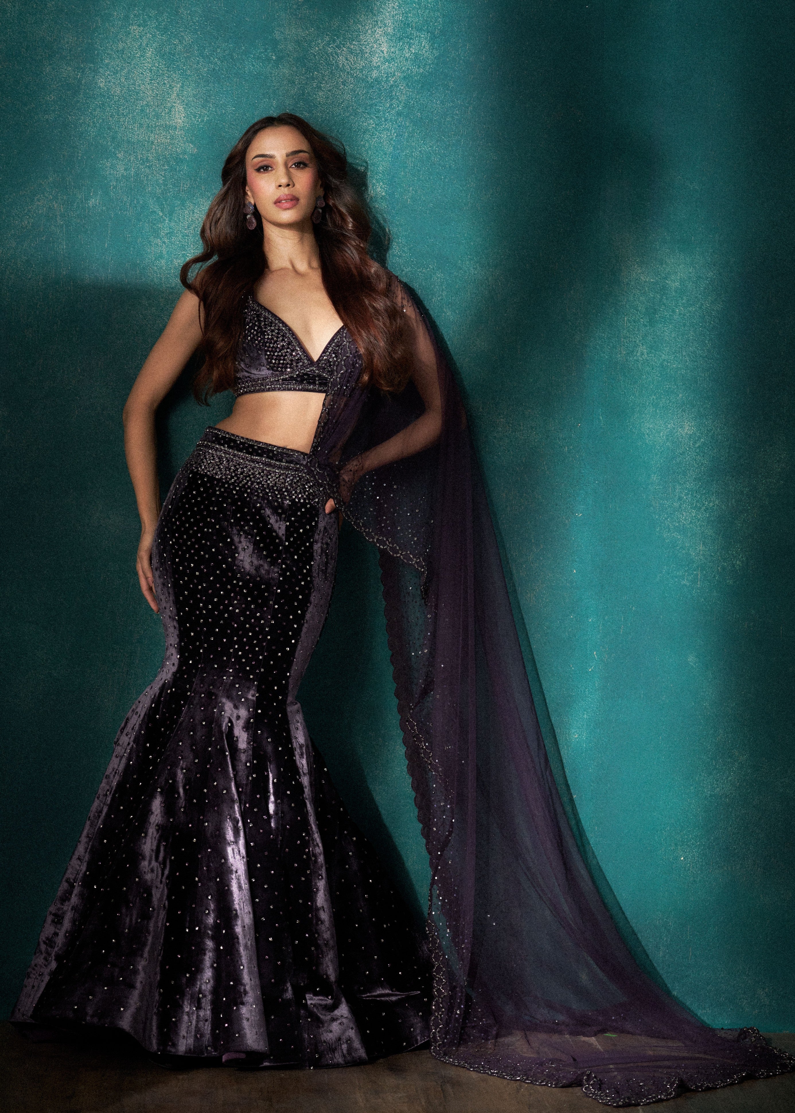 Purple Fishcut Velvet Lehenga