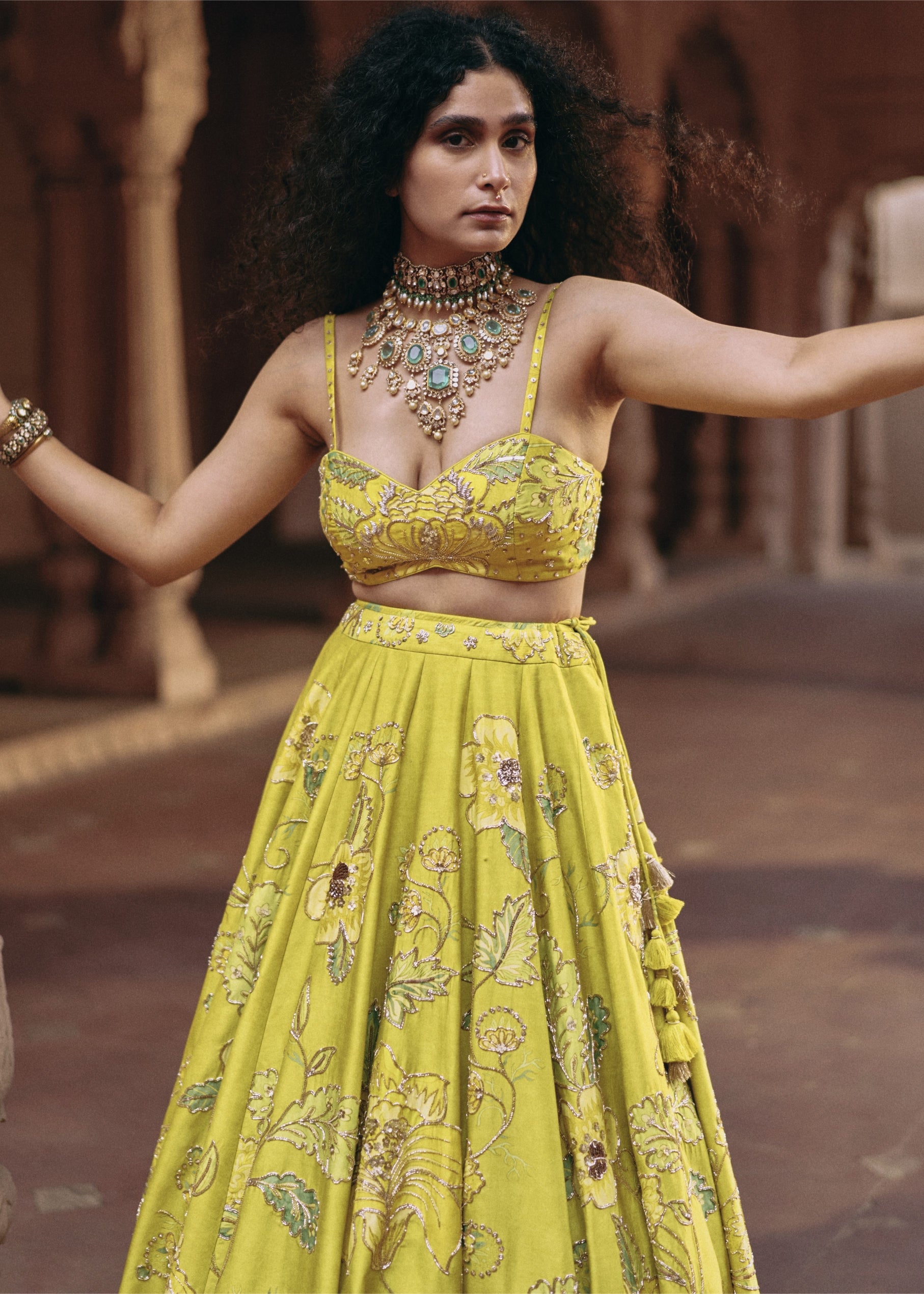 Lime Yellow Chintz Print Lehenga Set
