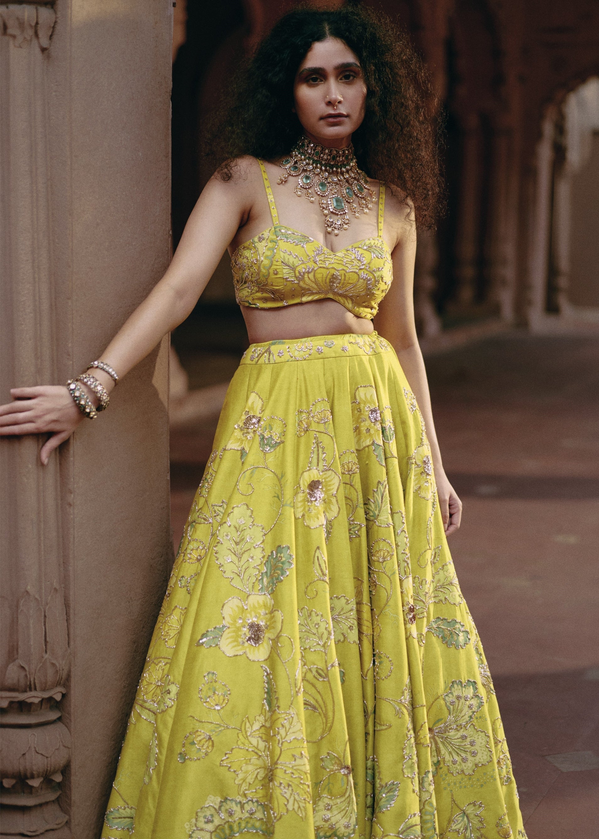 Lime Yellow Chintz Print Lehenga Set