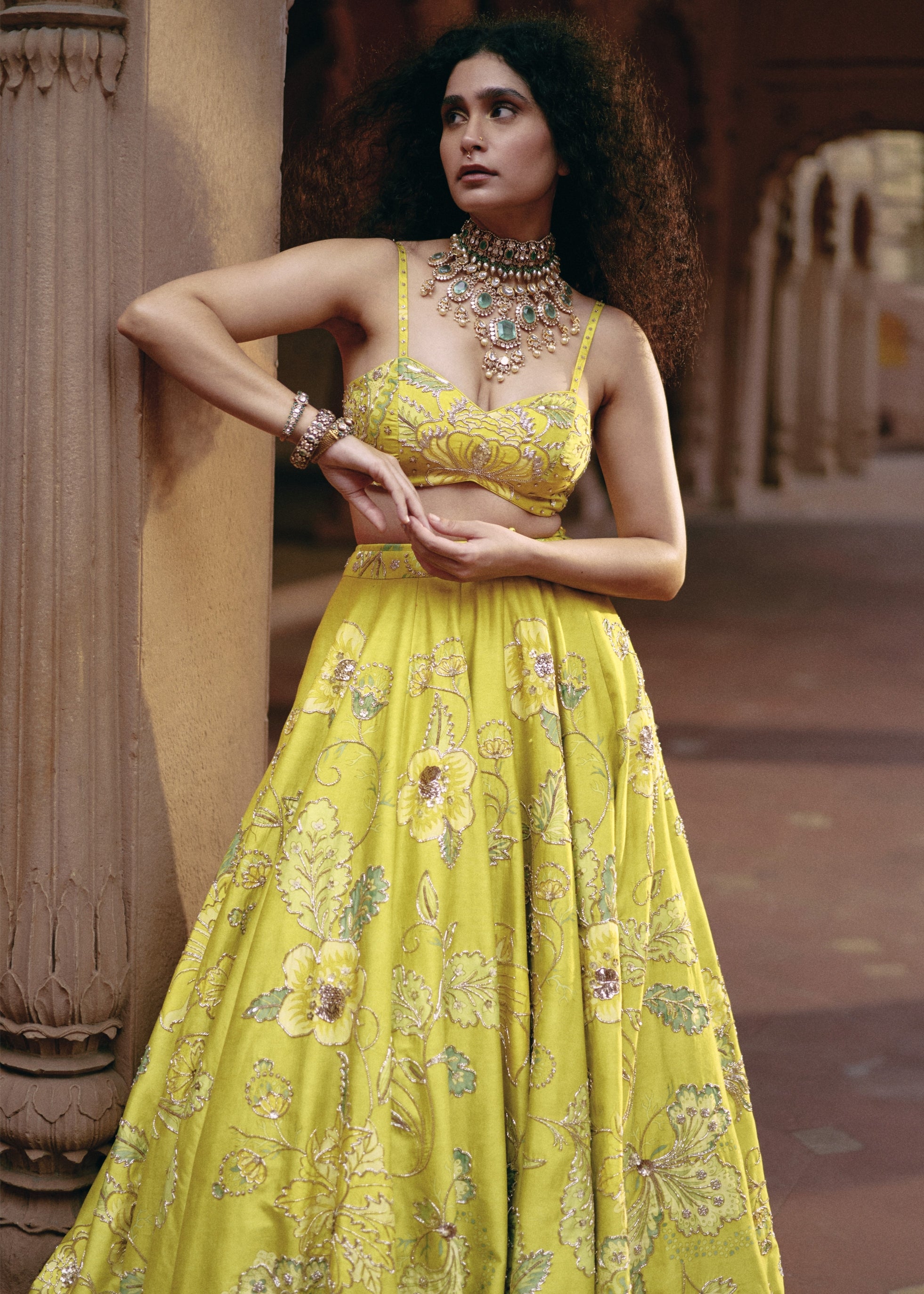 Lime Yellow Chintz Print Lehenga Set