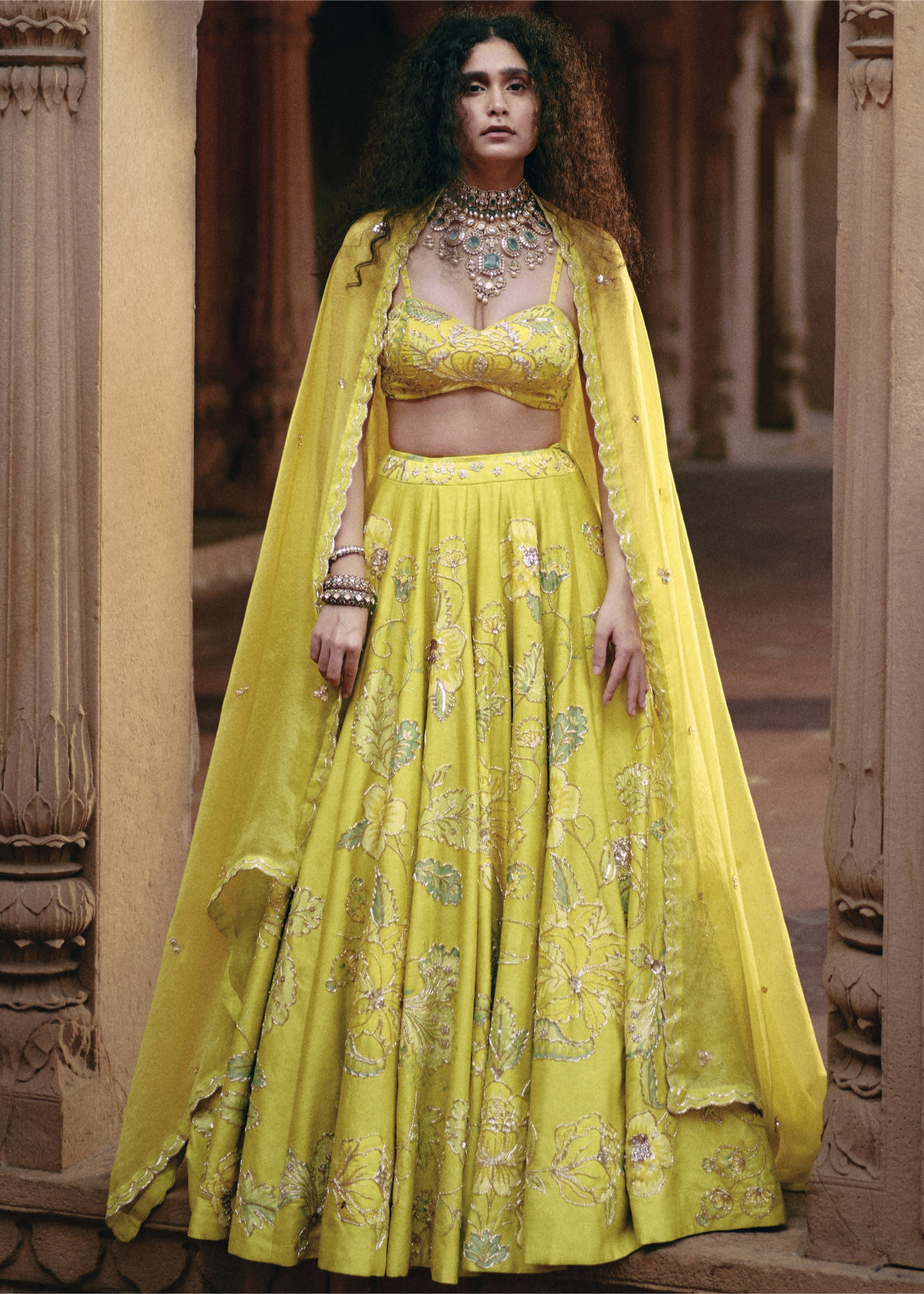 Lime Yellow Chintz Print Lehenga Set