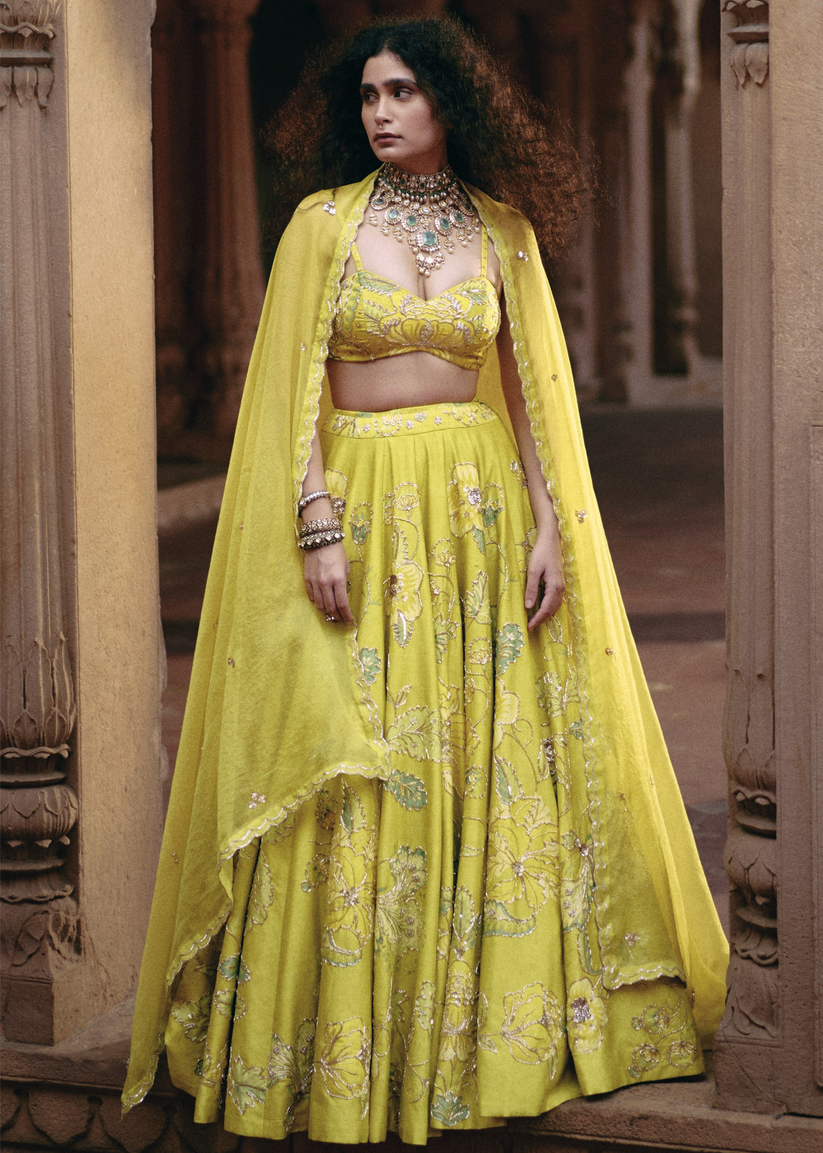 Lime Yellow Chintz Print Lehenga Set