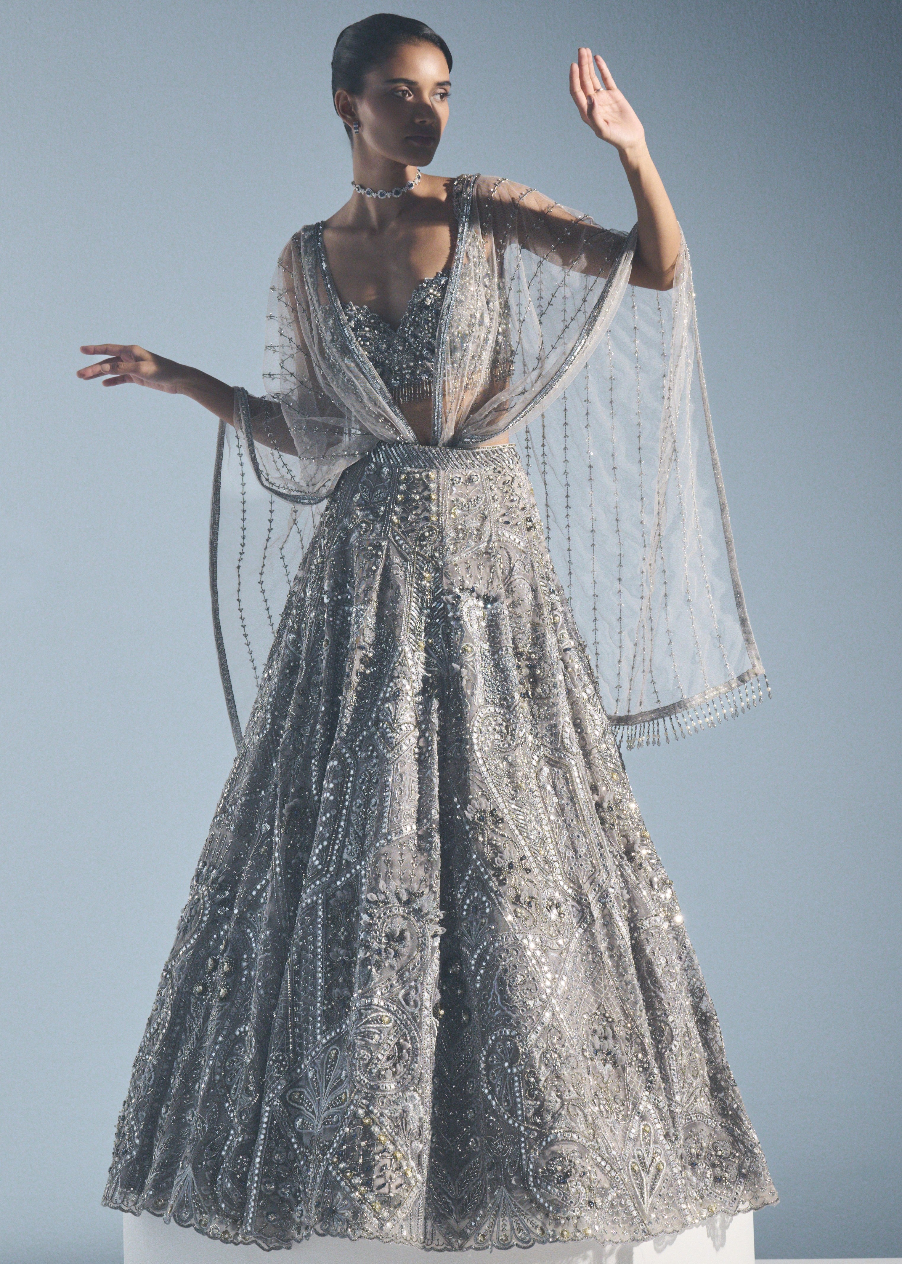 Grey Tulle Lehenga Set