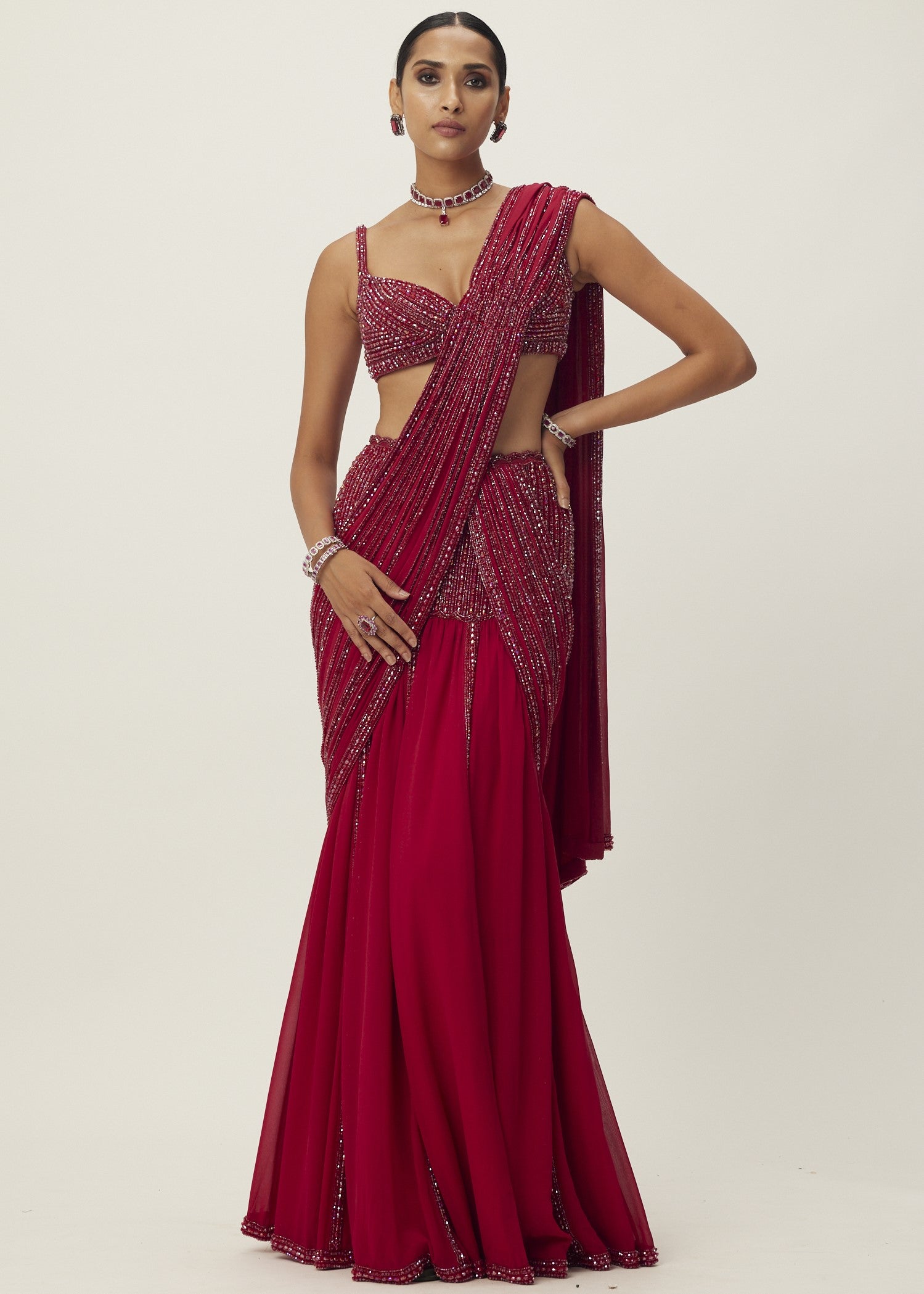 Ruby Red Pre Draped Crystal Embellished Sari Set