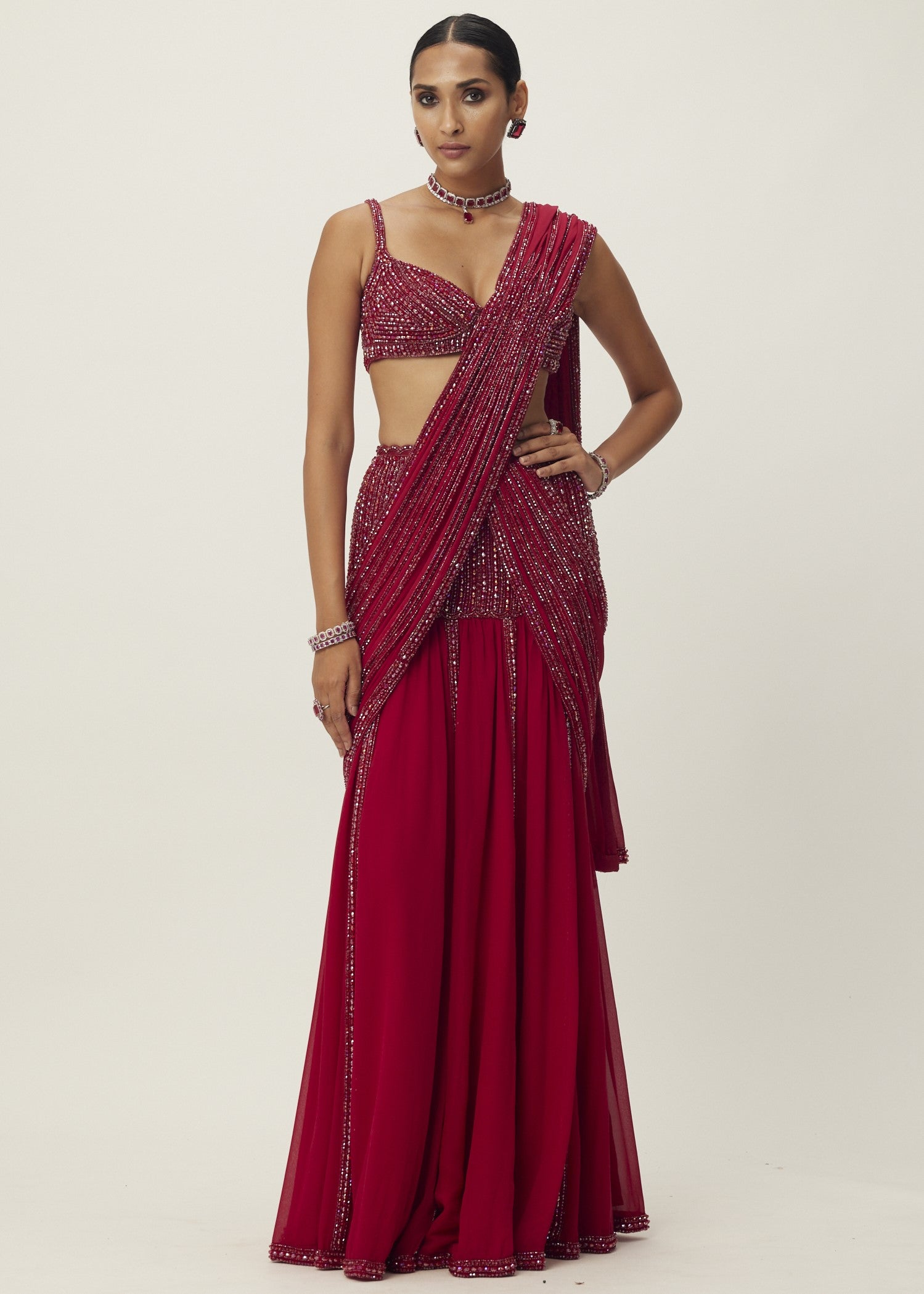 Ruby Red Pre Draped Crystal Embellished Sari Set