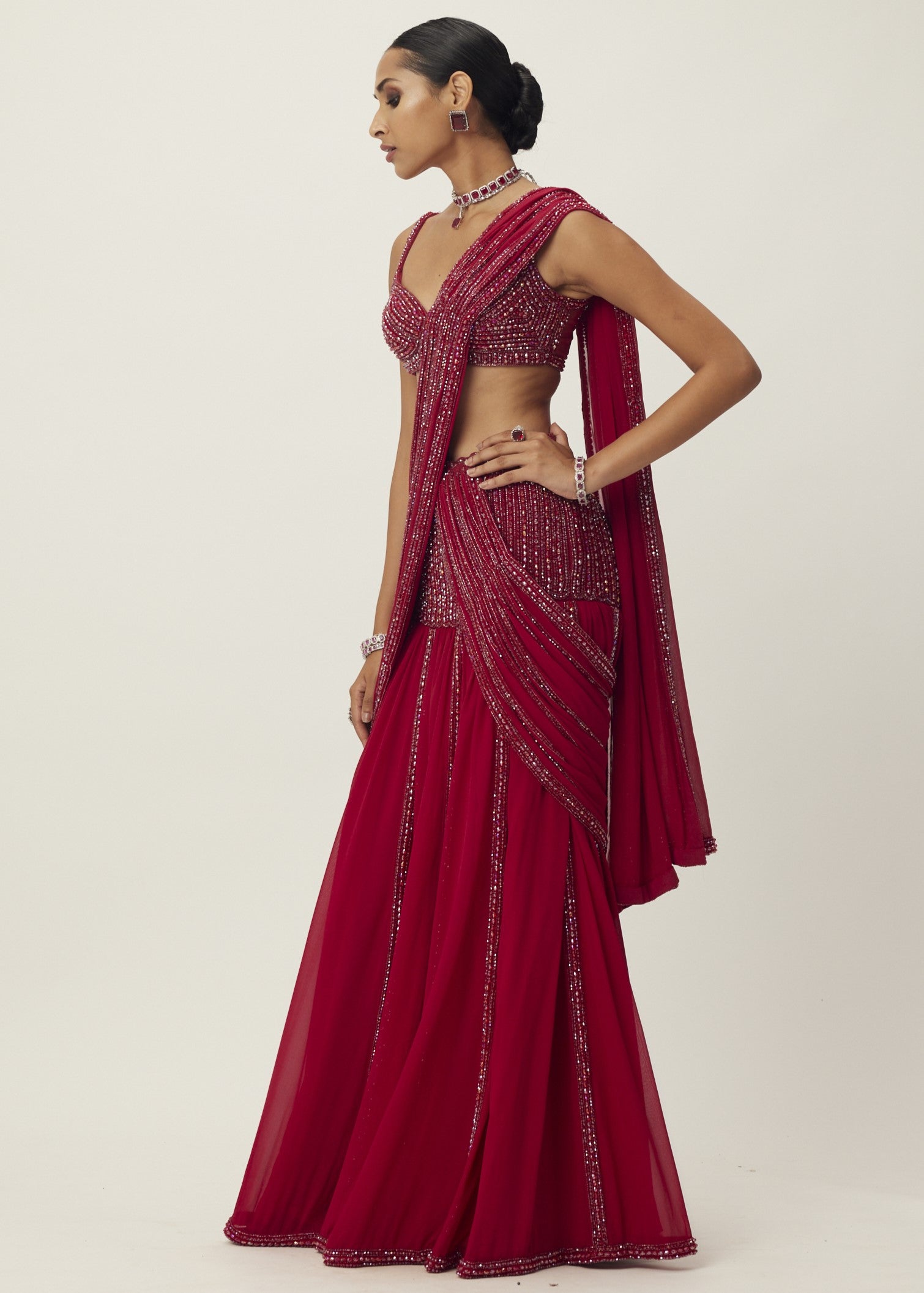 Ruby Red Pre Draped Crystal Embellished Sari Set
