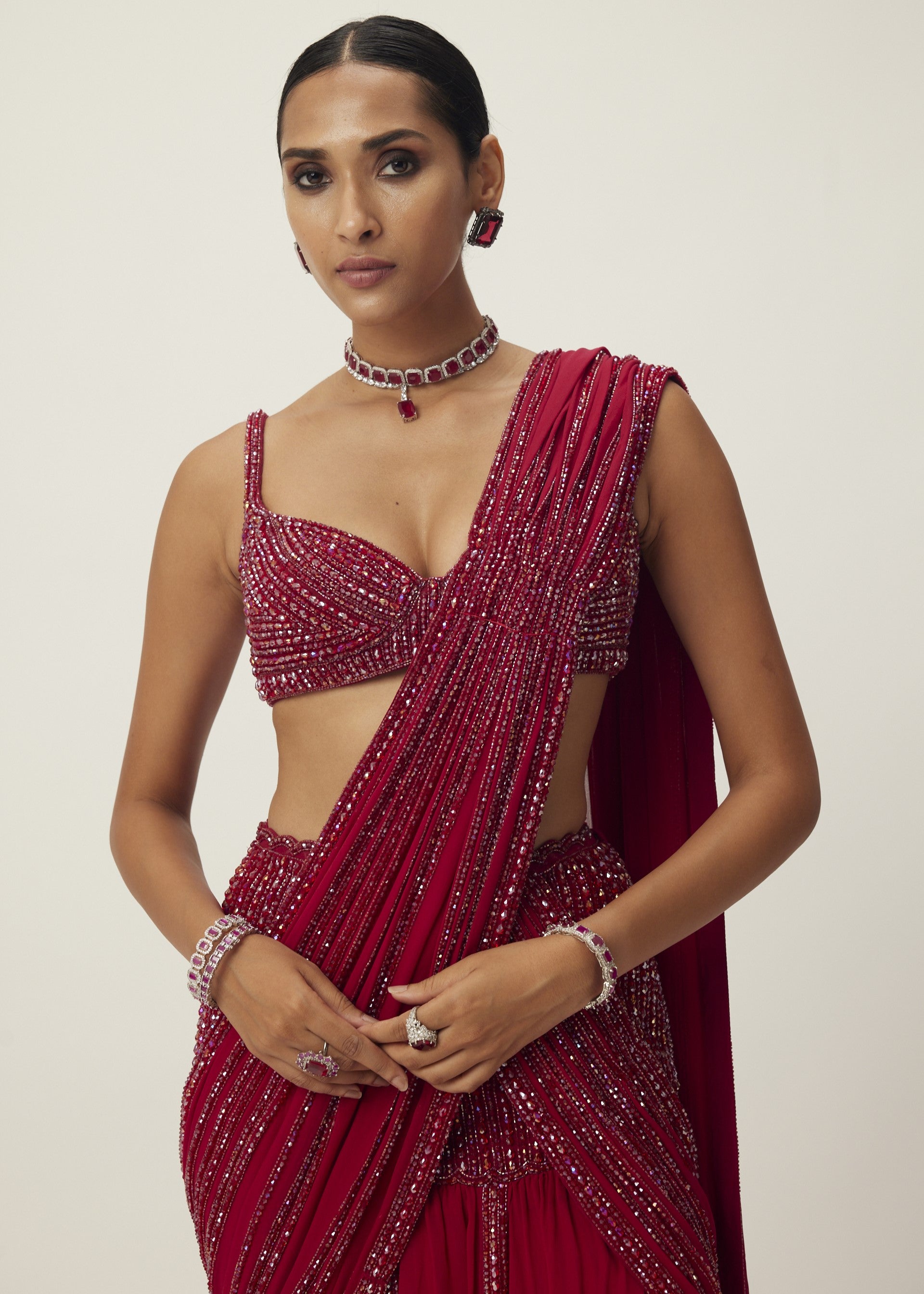 Ruby Red Pre Draped Crystal Embellished Sari Set