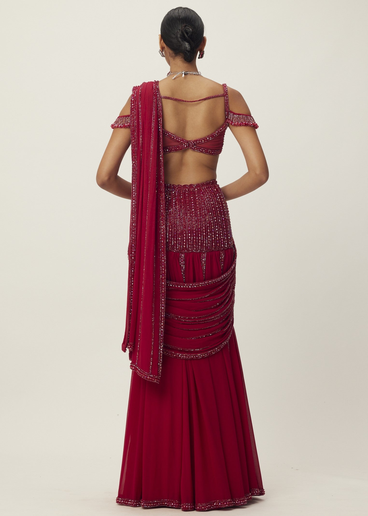 Ruby Red Pre Draped Crystal Embellished Sari Set