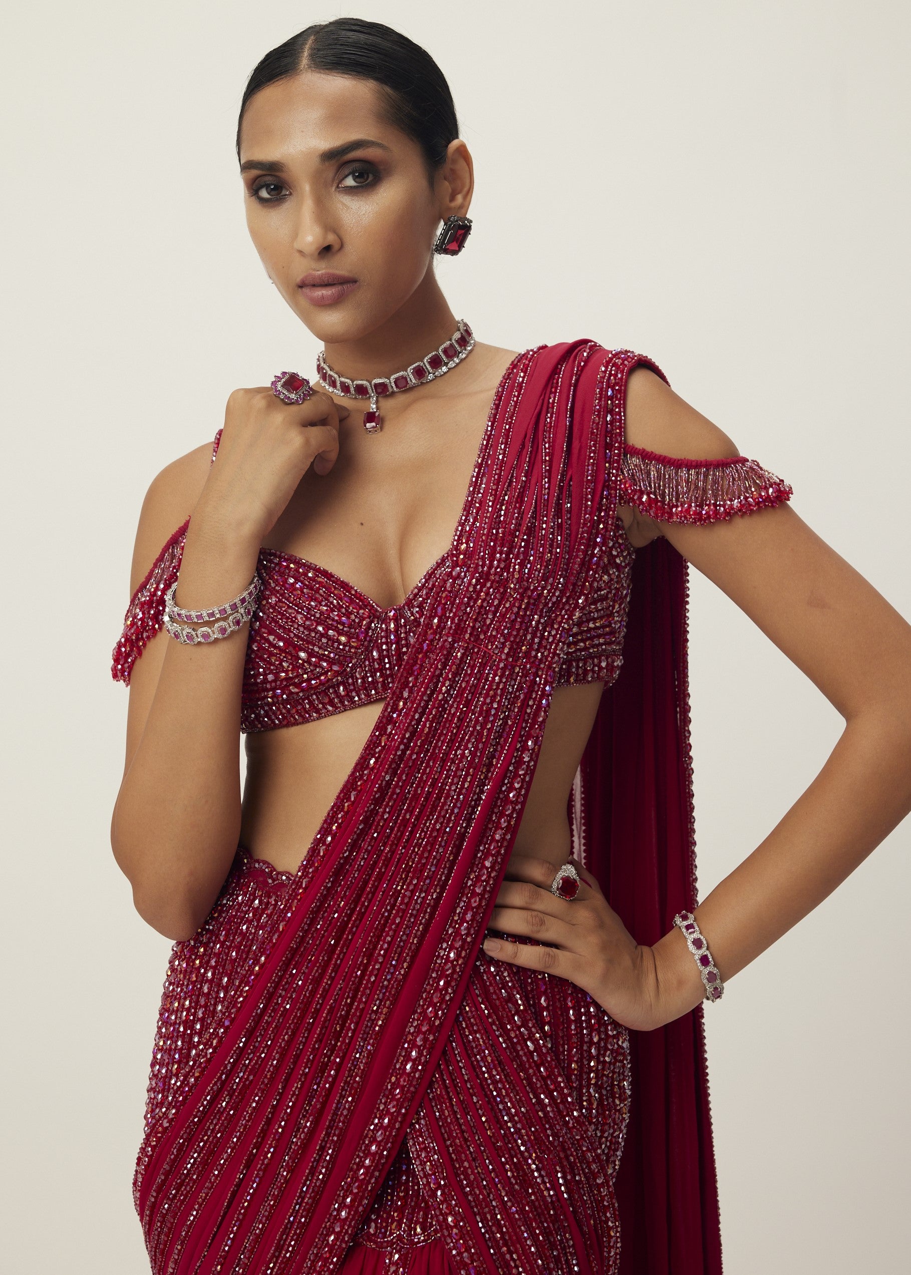 Ruby Red Pre Draped Crystal Embellished Sari Set
