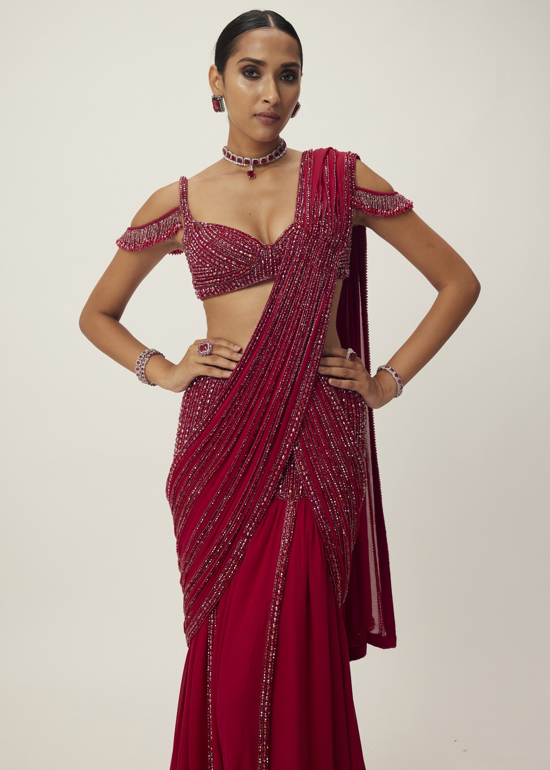 Ruby Red Pre Draped Crystal Embellished Sari Set