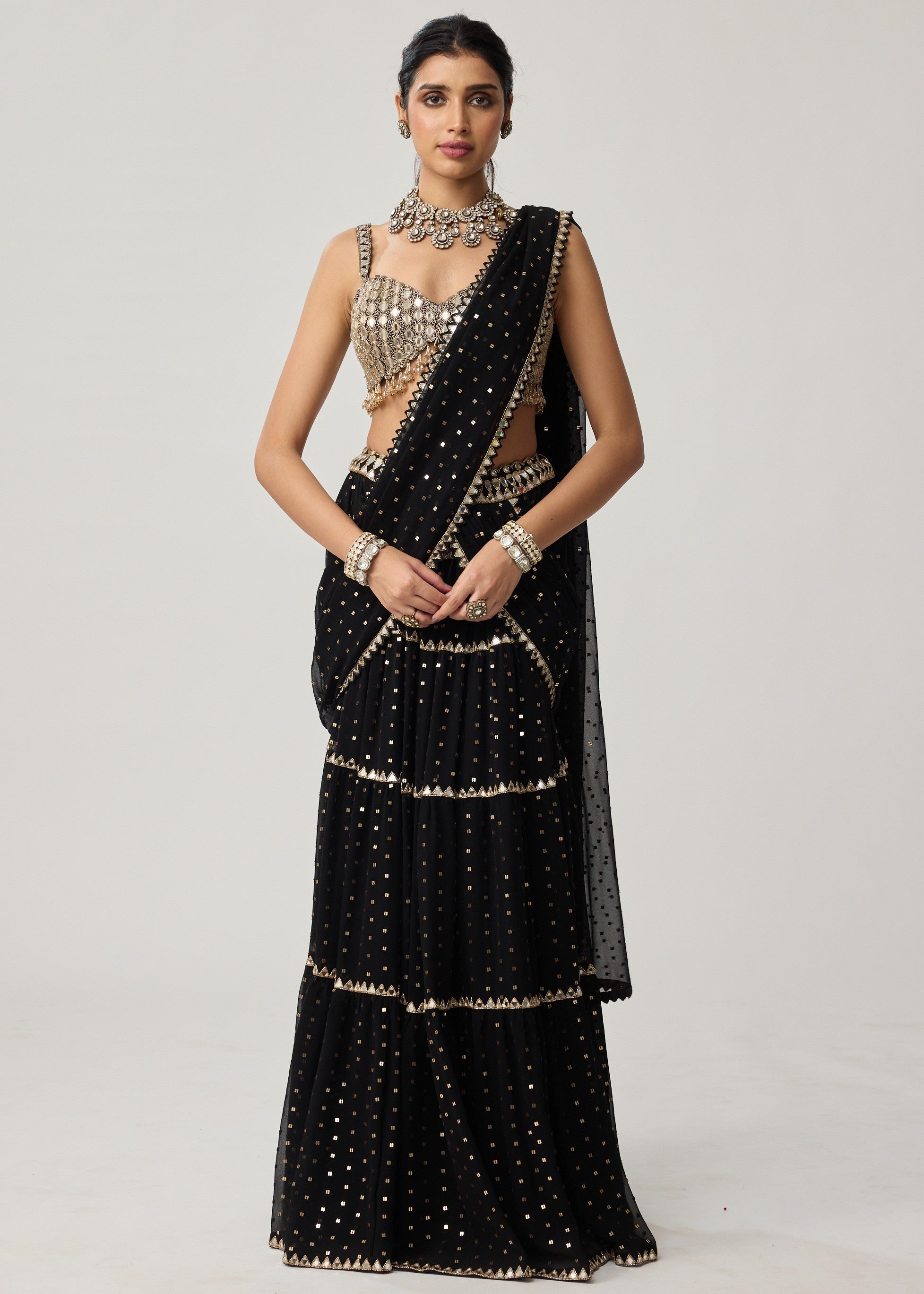 Black Georgette Multi-tier Sari Set