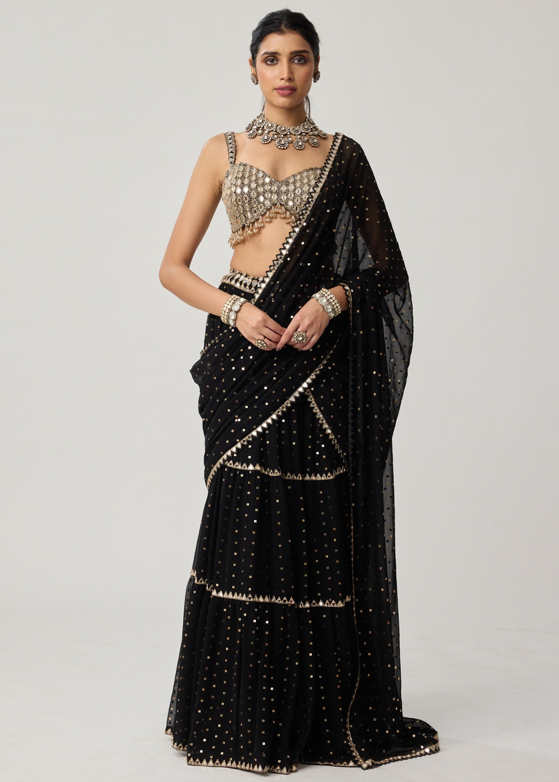 Black Georgette Multi-tier Sari Set