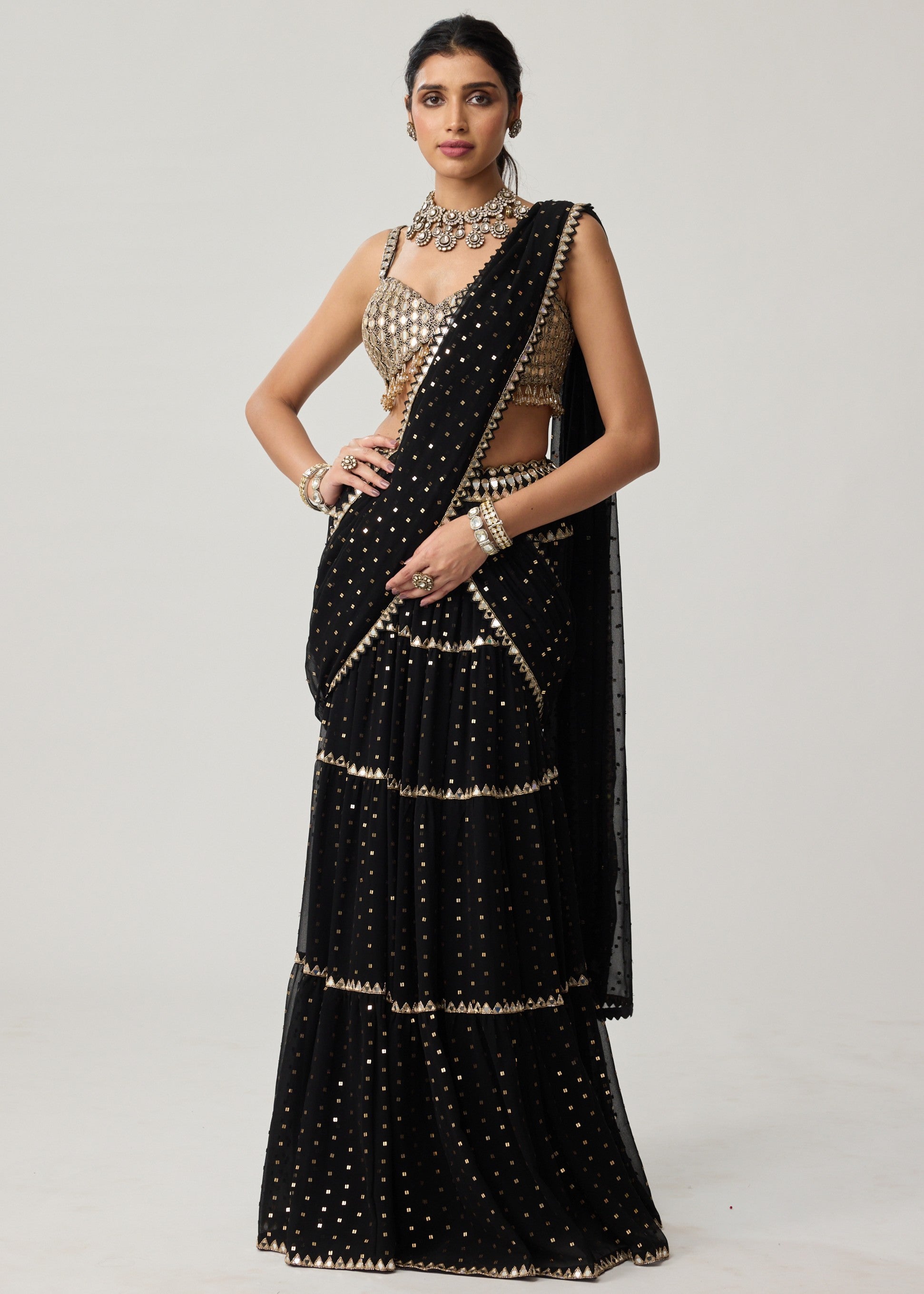 Black Georgette Multi-tier Sari Set