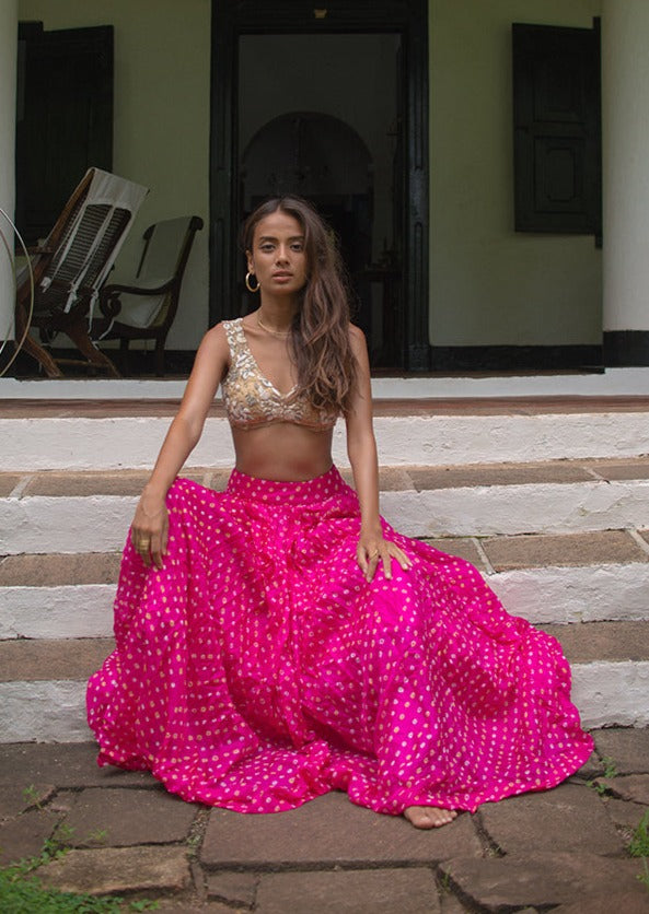 Pink Bandhani Skirt Set