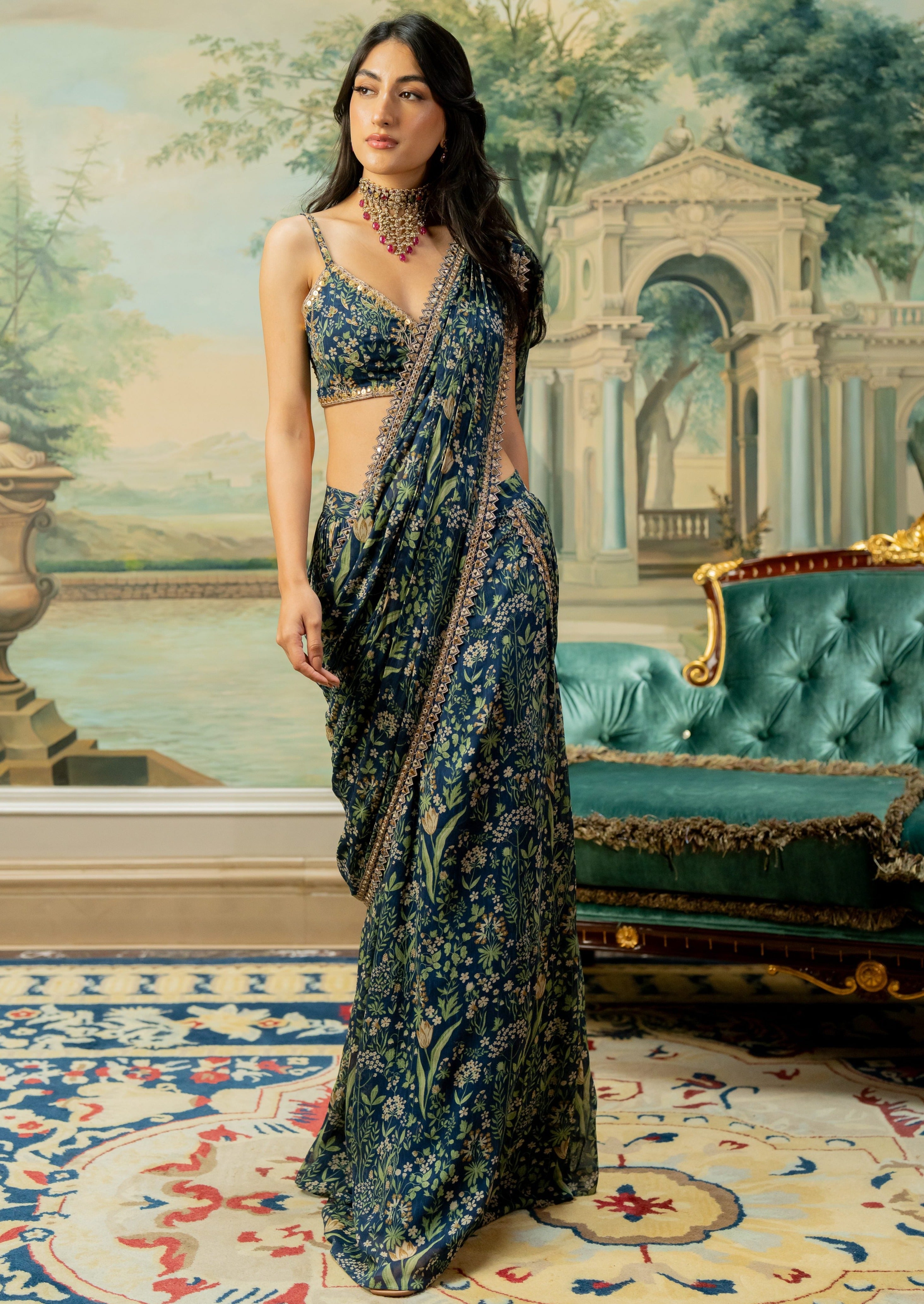 Navy Blue Printed Pre-Draped Sari Set