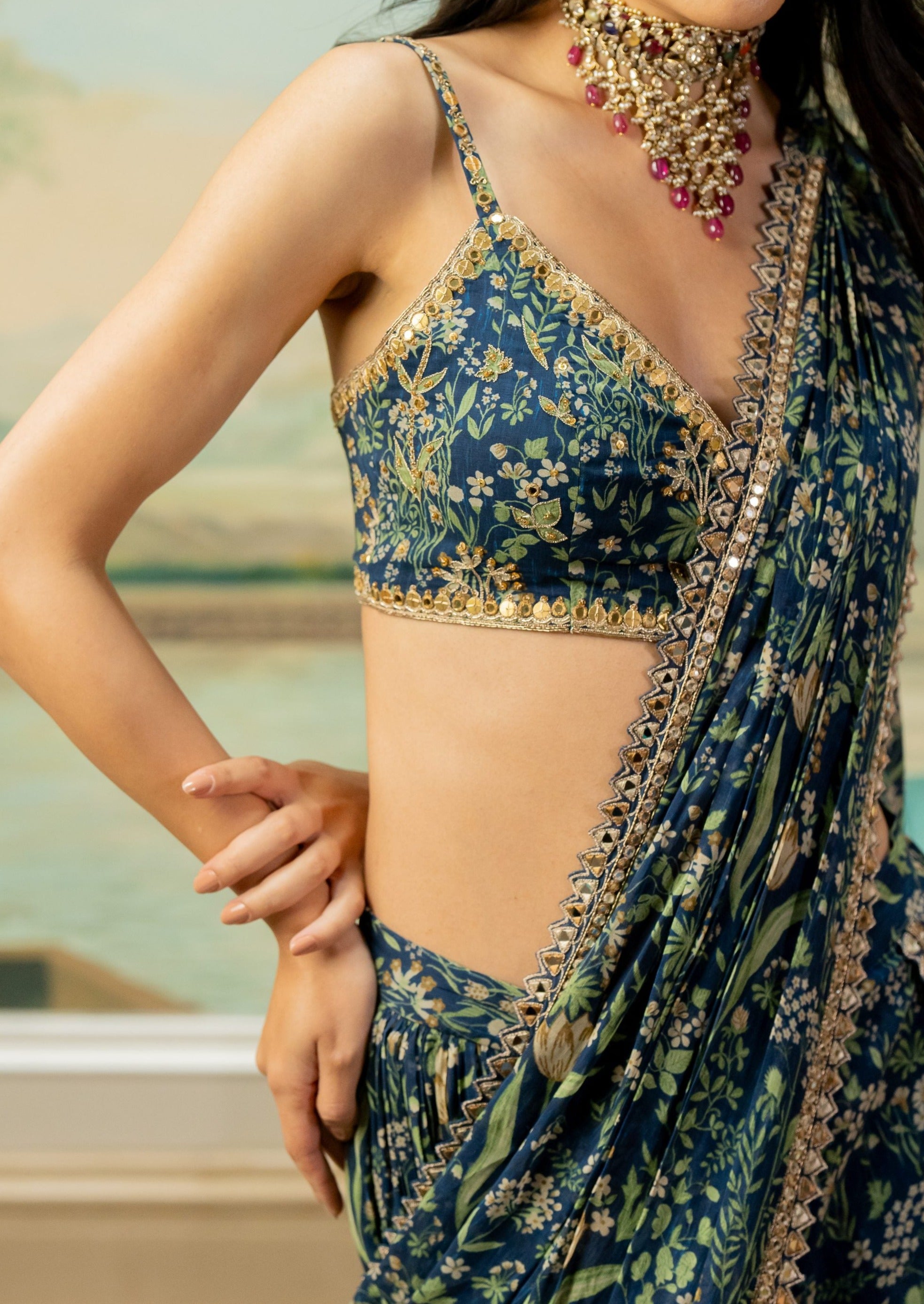 Navy Blue Printed Pre-Draped Sari Set