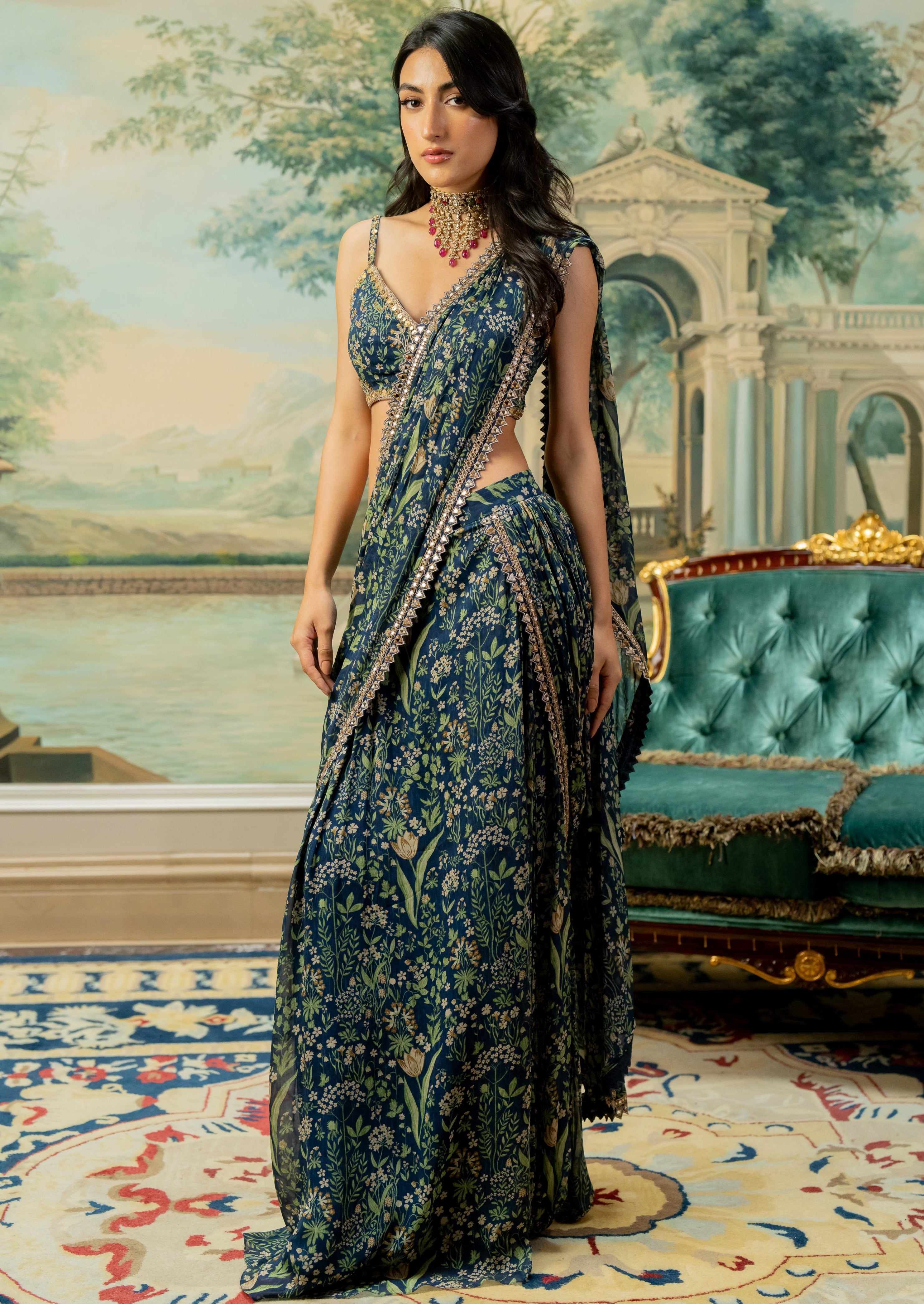 Navy Blue Printed Pre-Draped Sari Set