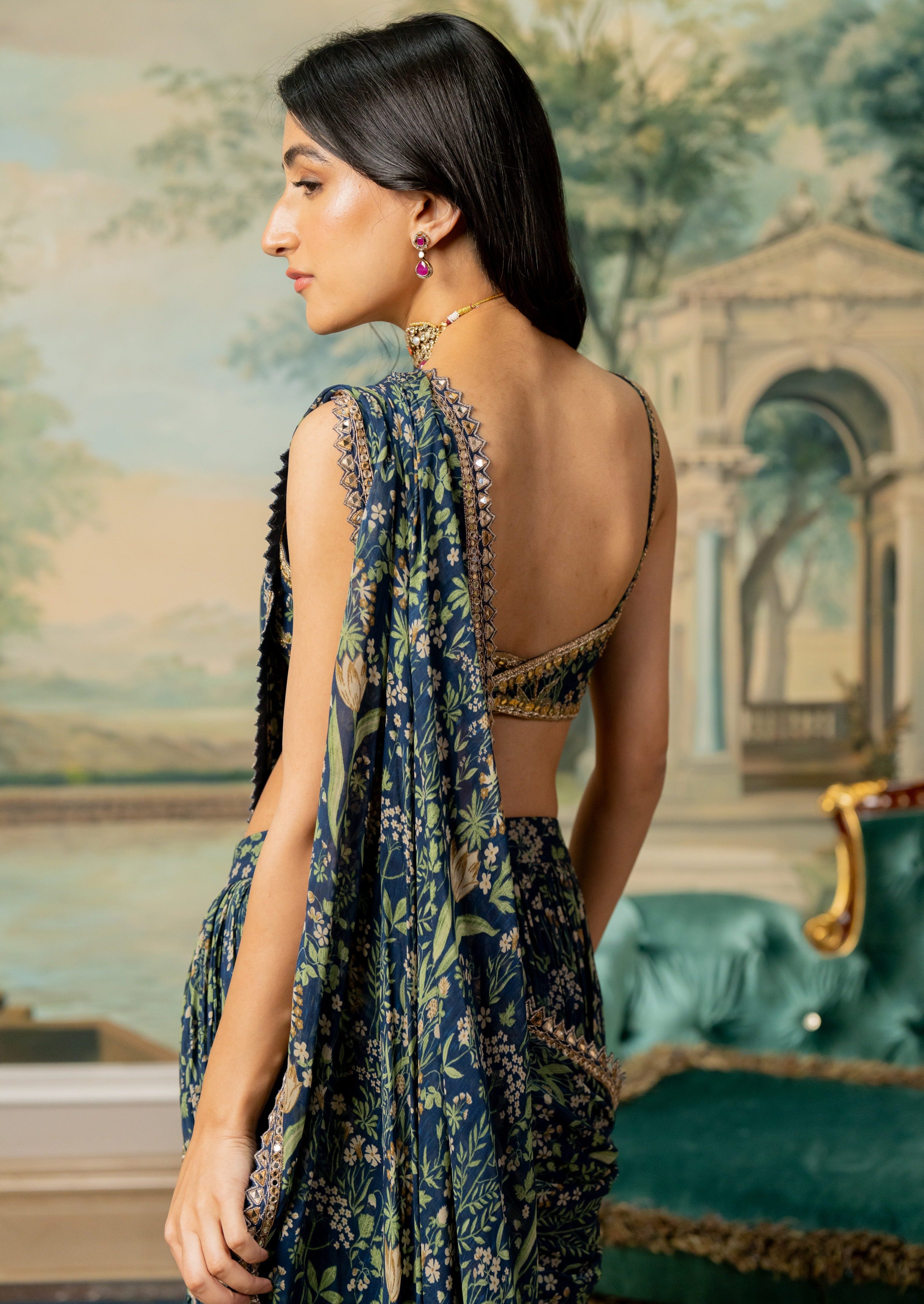 Navy Blue Printed Pre-Draped Sari Set