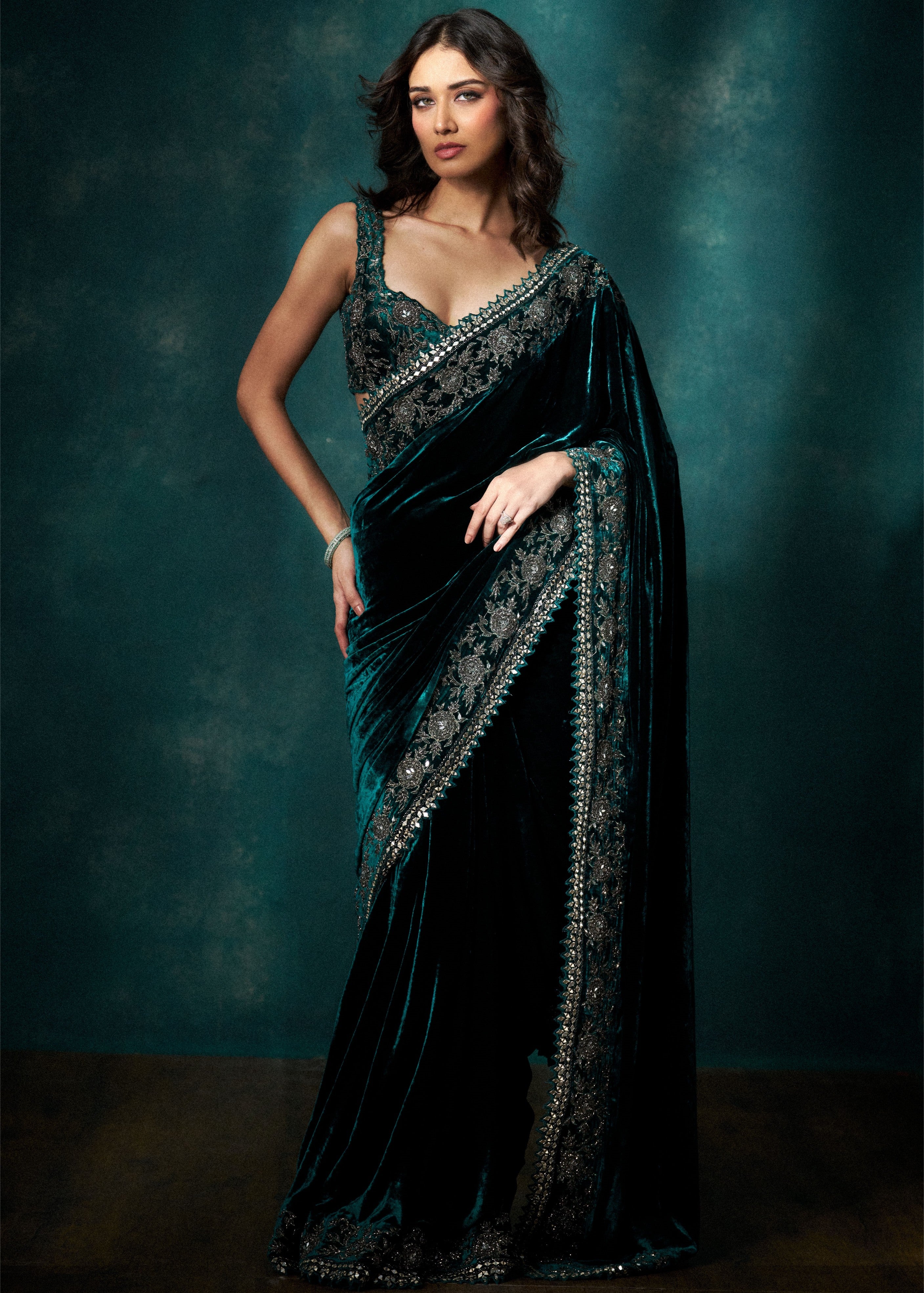 Teal Velvet Sari