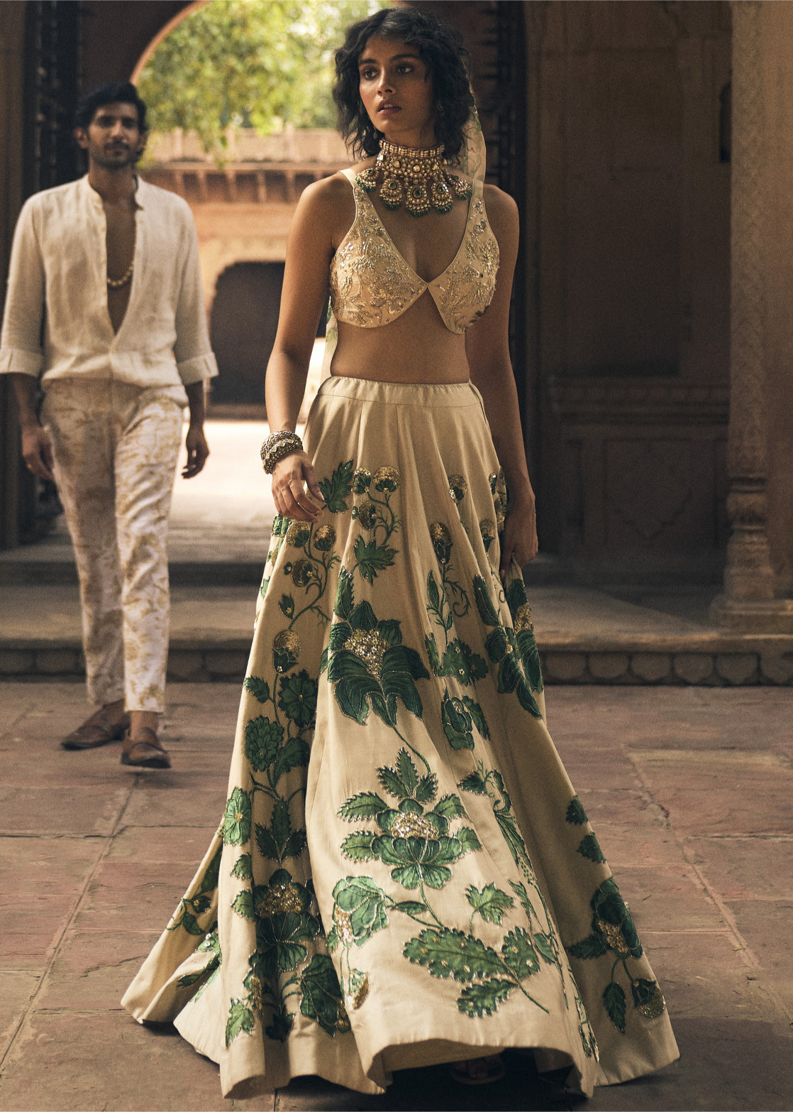 Ivory And Green Floral Print Lehenga Set