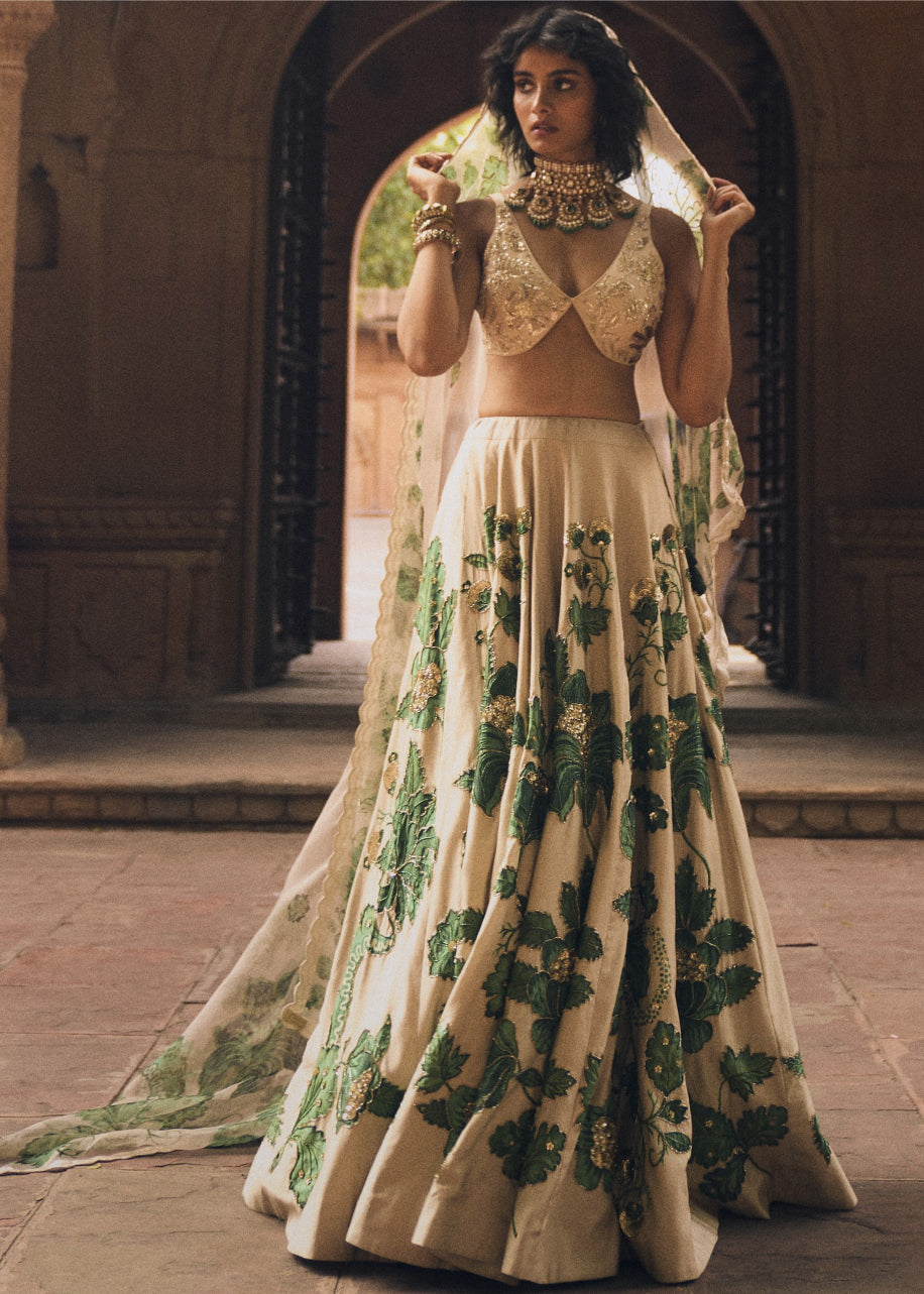 Ivory And Green Floral Print Lehenga Set
