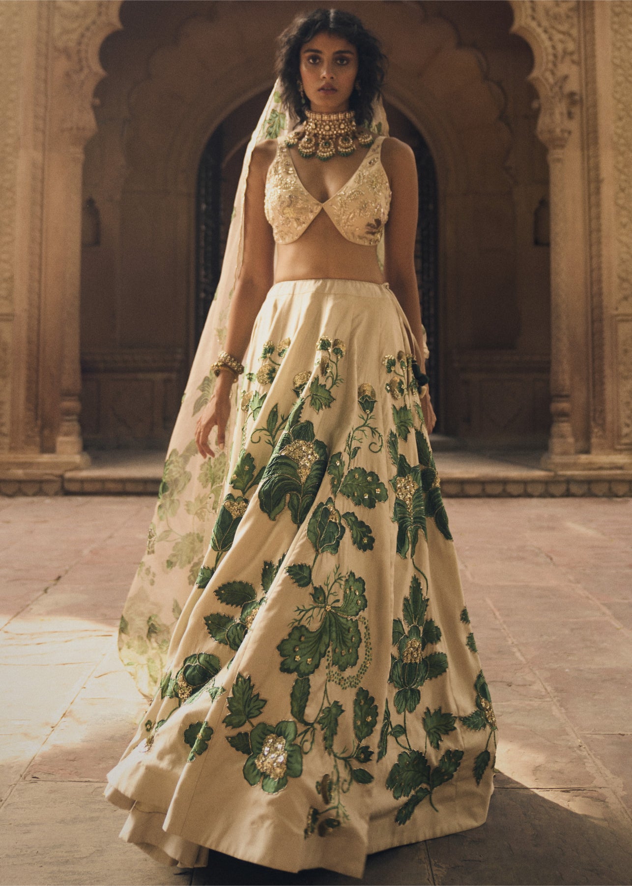 Ivory And Green Floral Print Lehenga Set