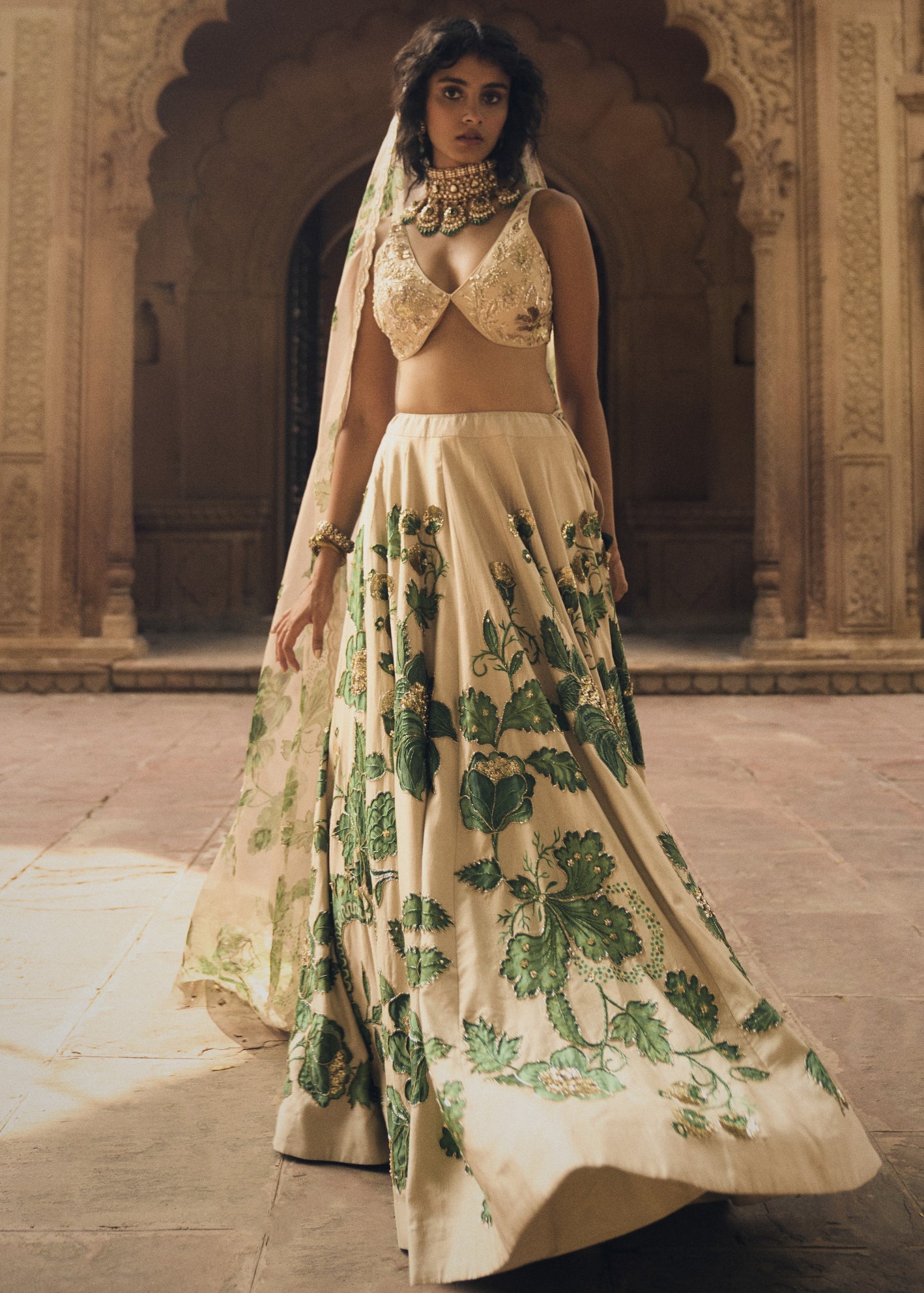 Ivory And Green Floral Print Lehenga Set