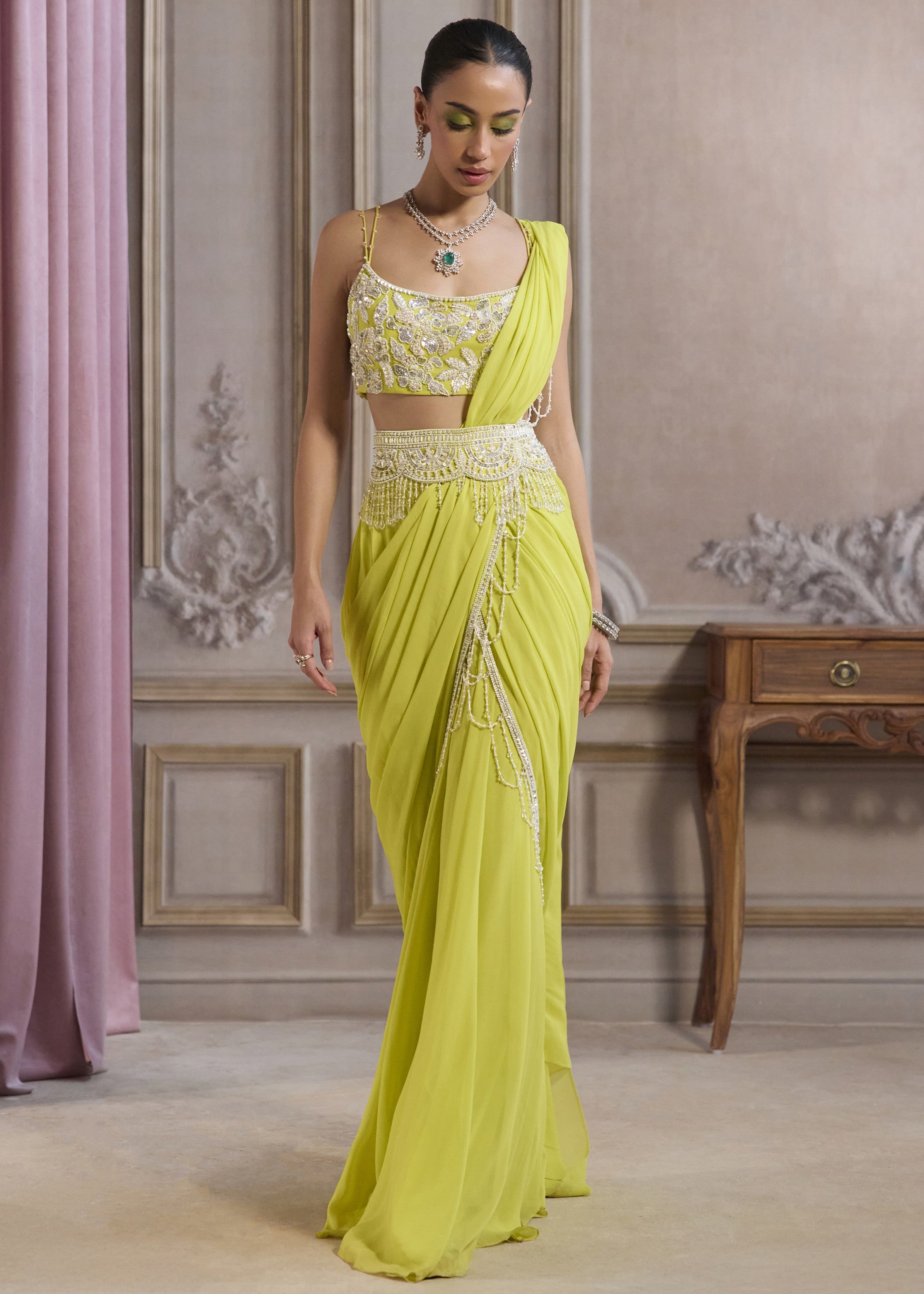 Neon Green Pre-draped Sari With Bustier And Embroidered Belt