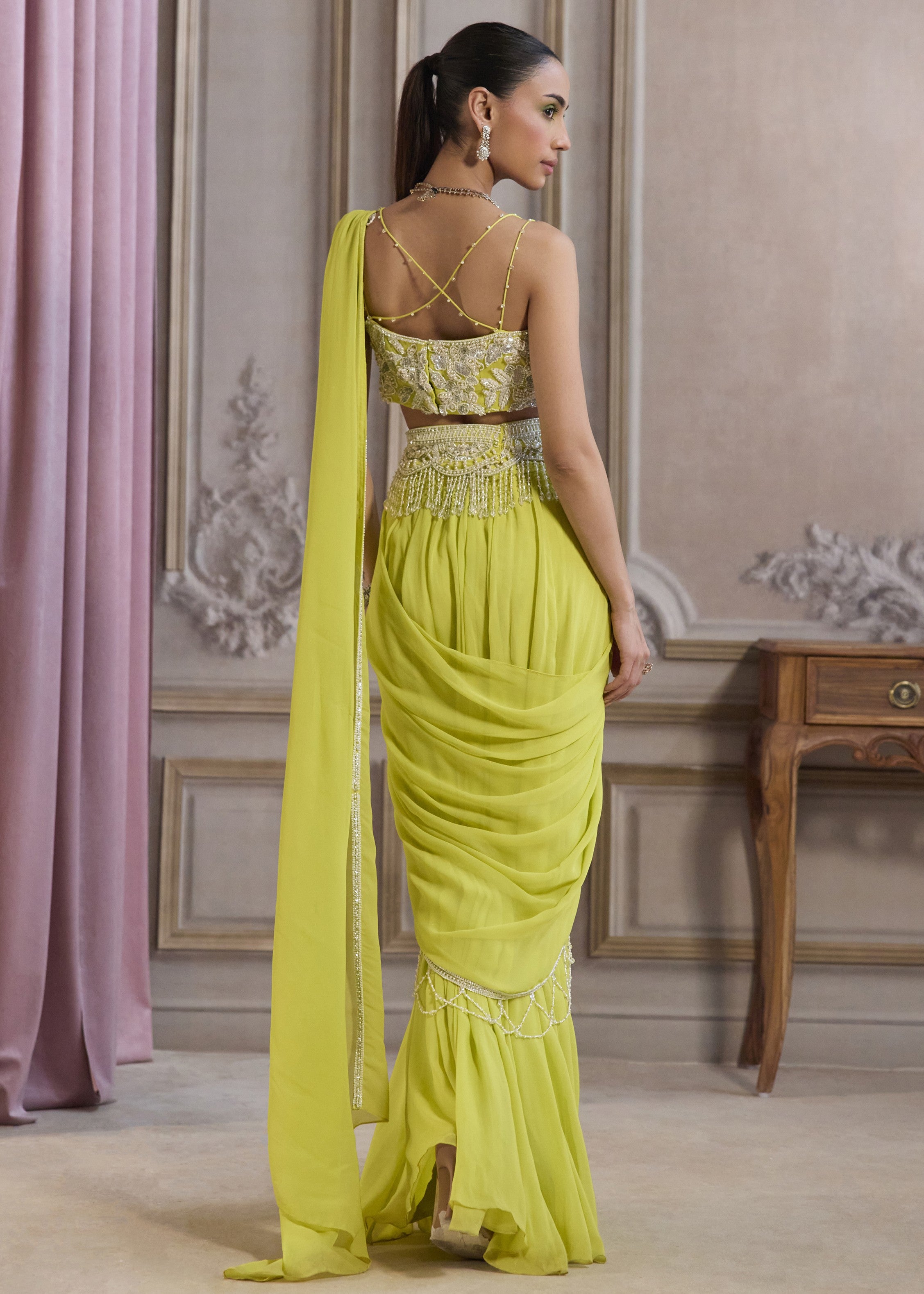 Neon Green Pre-draped Sari With Bustier And Embroidered Belt