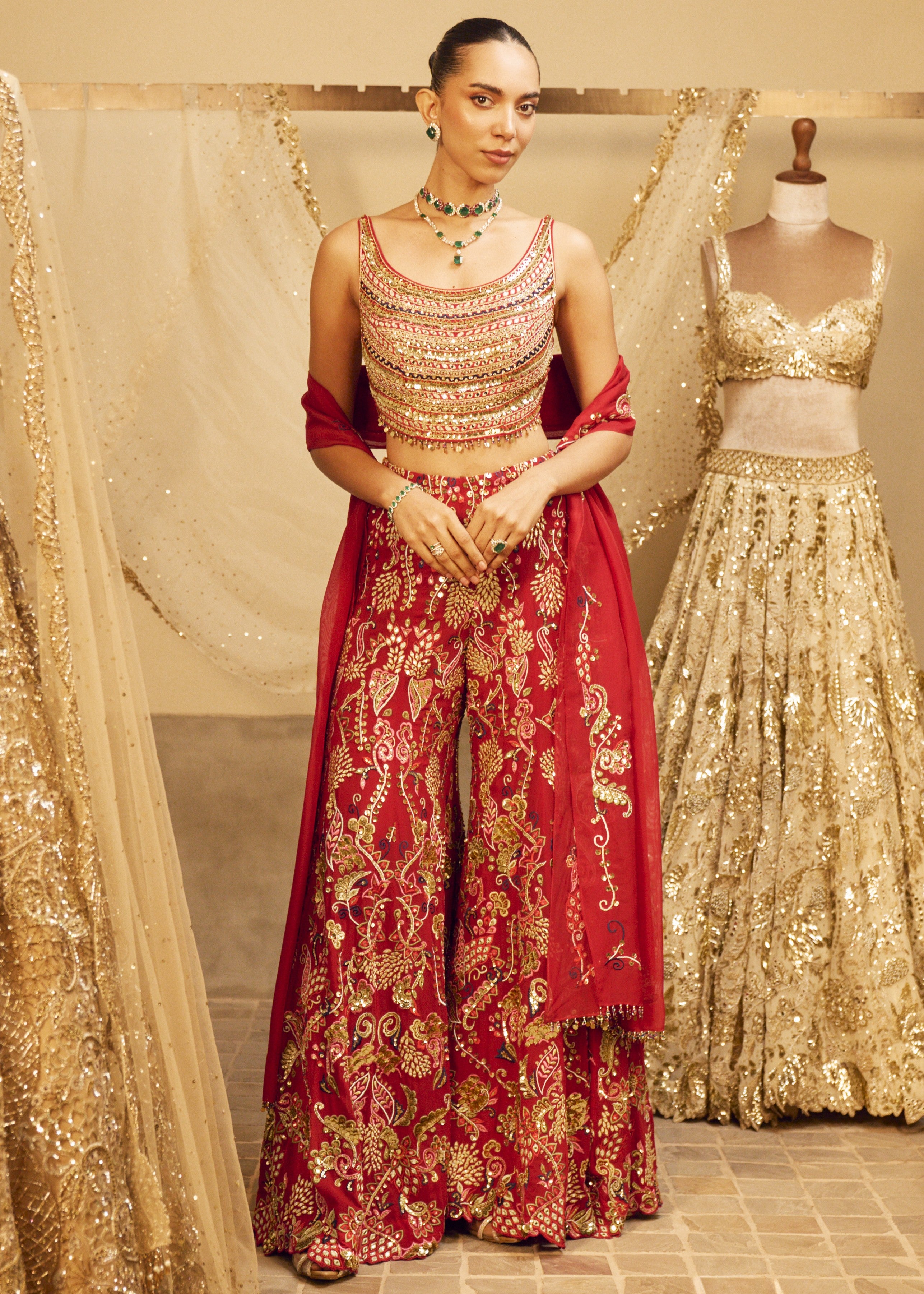 Red High Waist Sharara Set