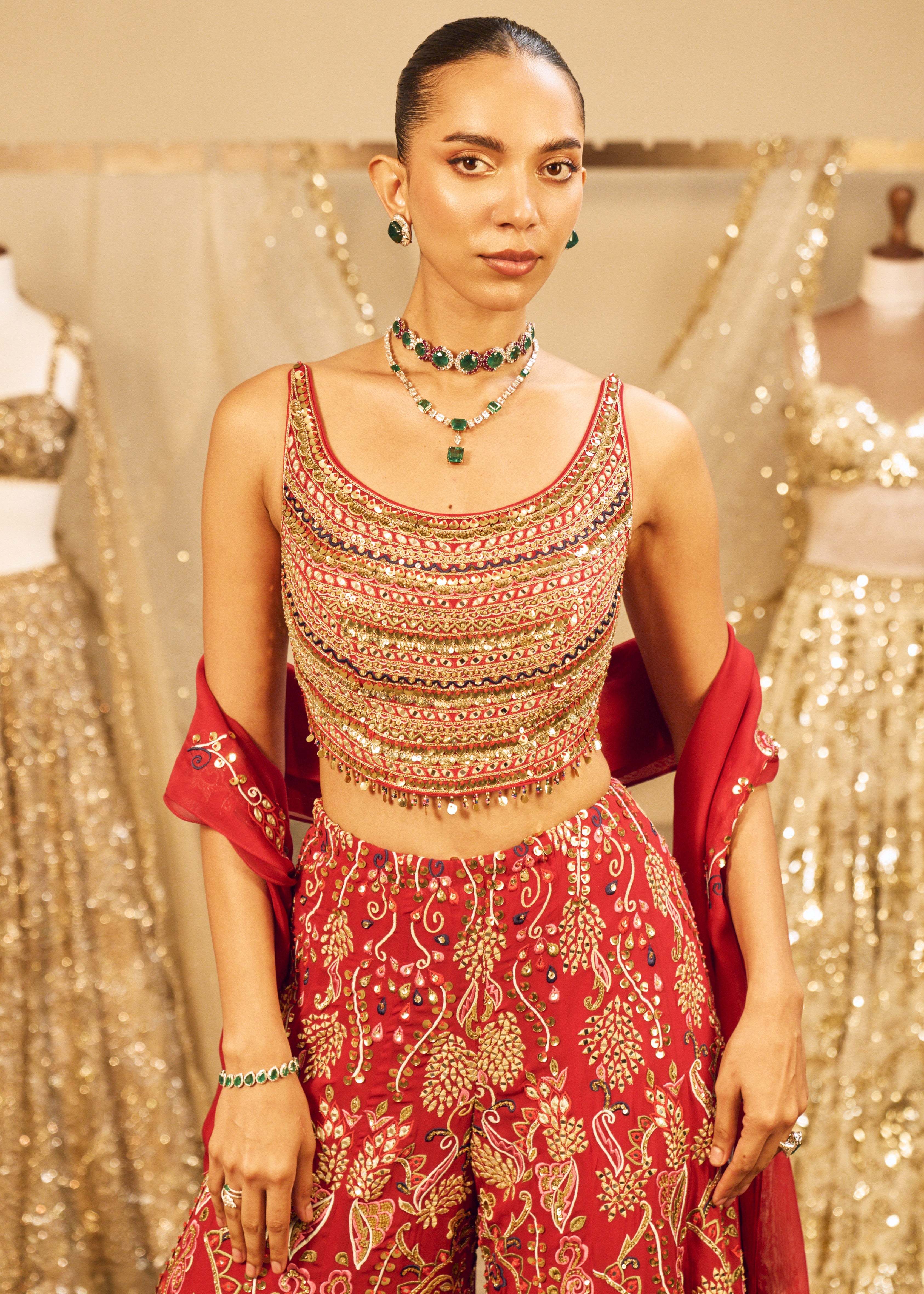 Red High Waist Sharara Set
