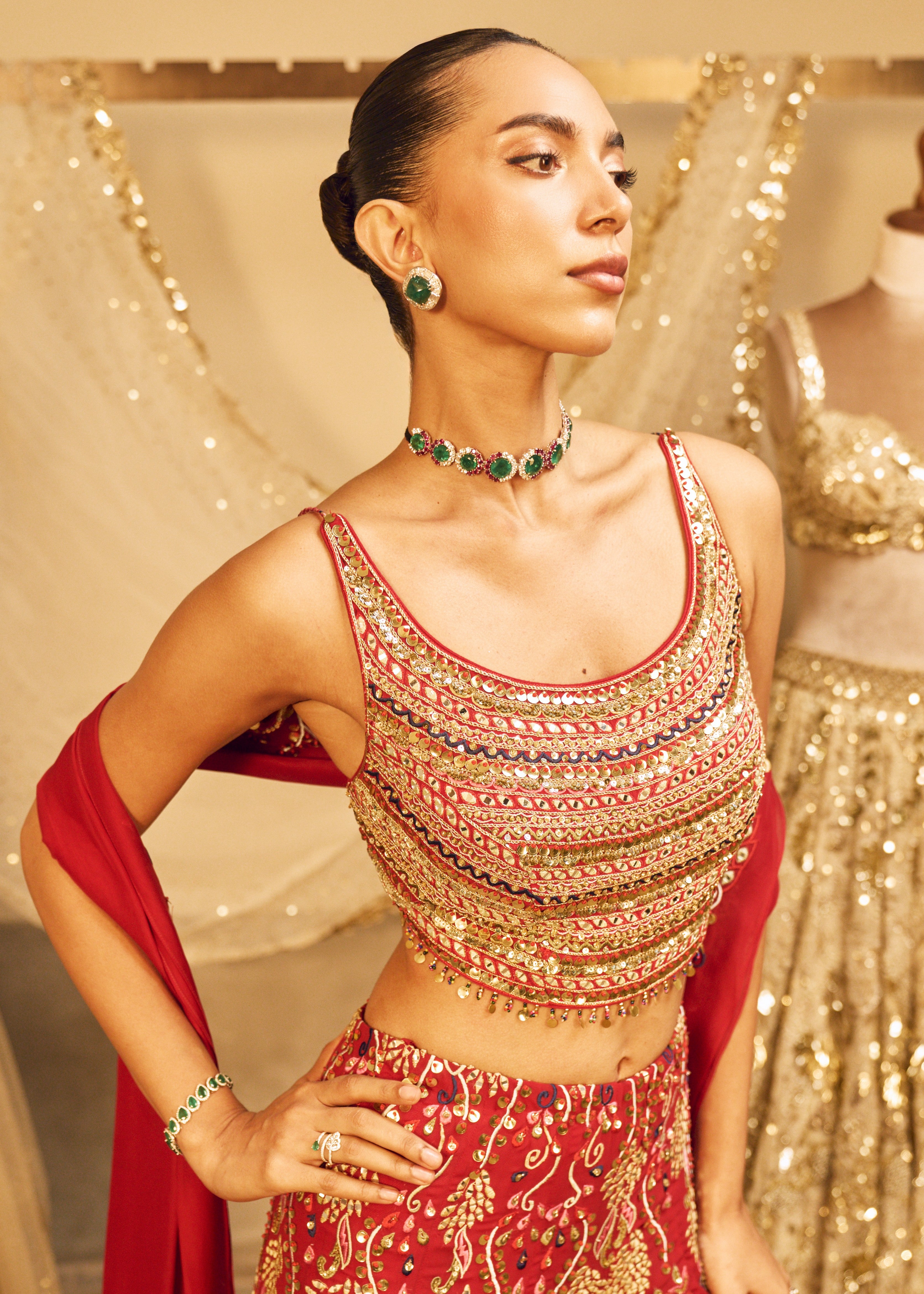 Red High Waist Sharara Set