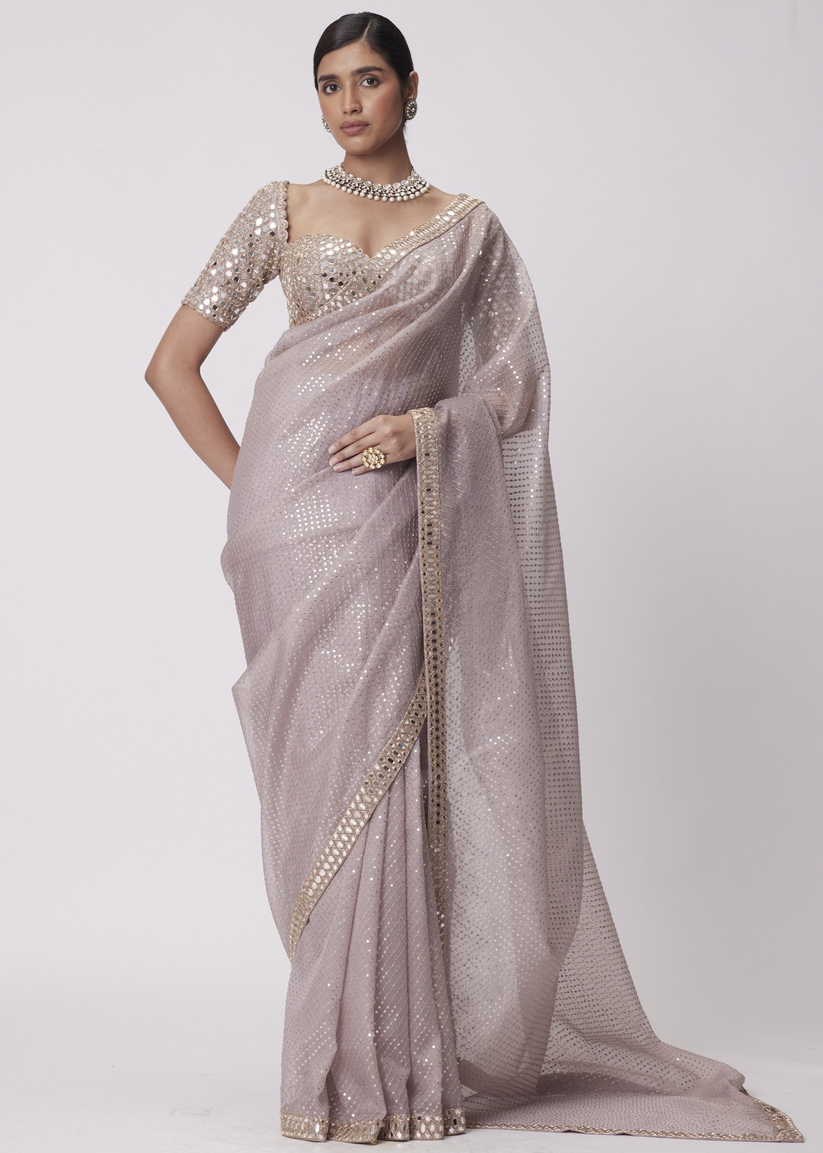 Ash Pink Organza Sari Set