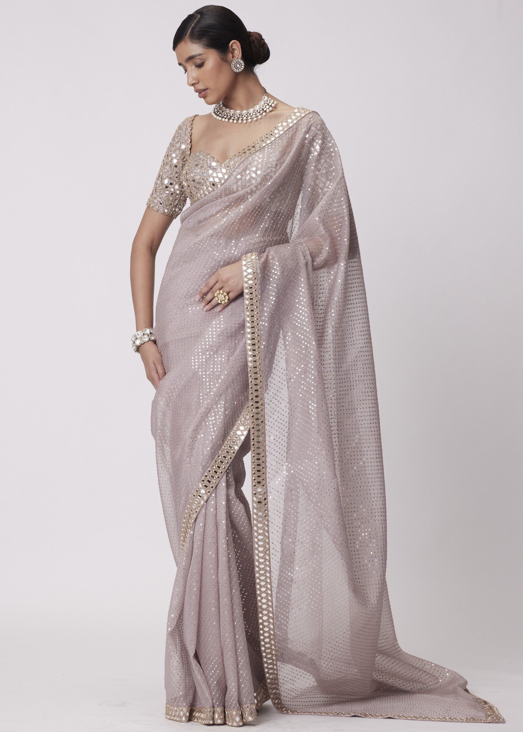 Ash Pink Organza Sari Set