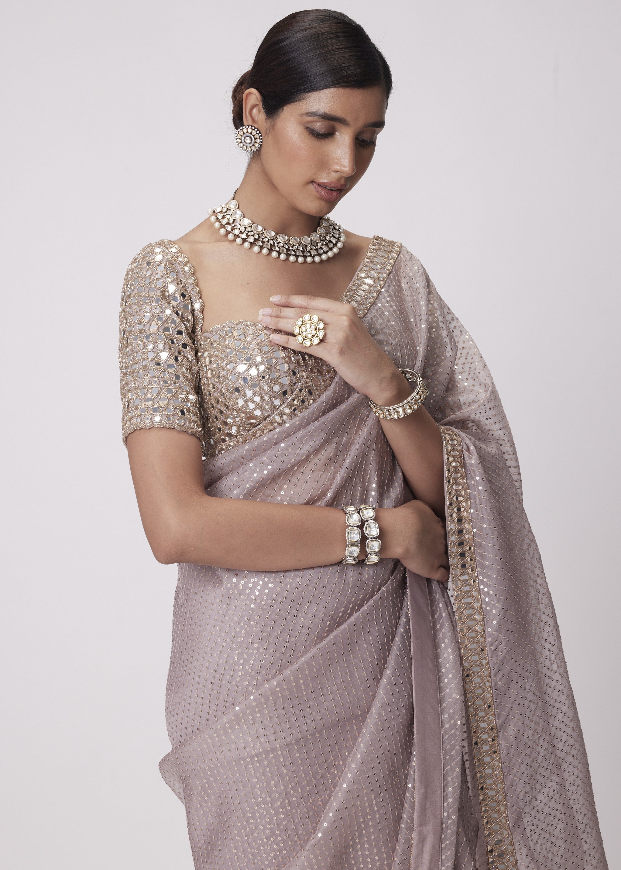 Ash Pink Organza Sari Set