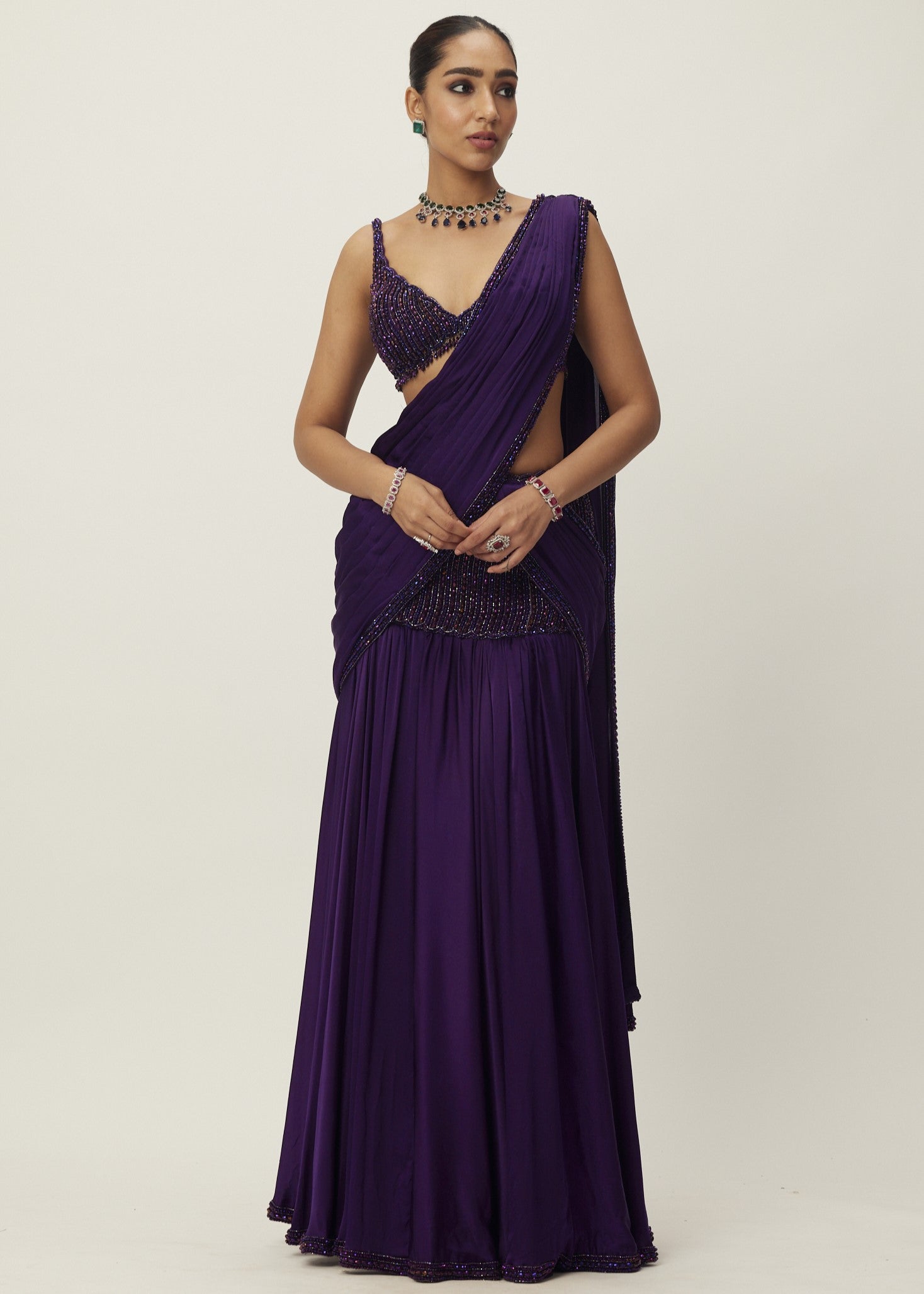 Royalty Purple Pre Draped Crystal Beaded Sari Set