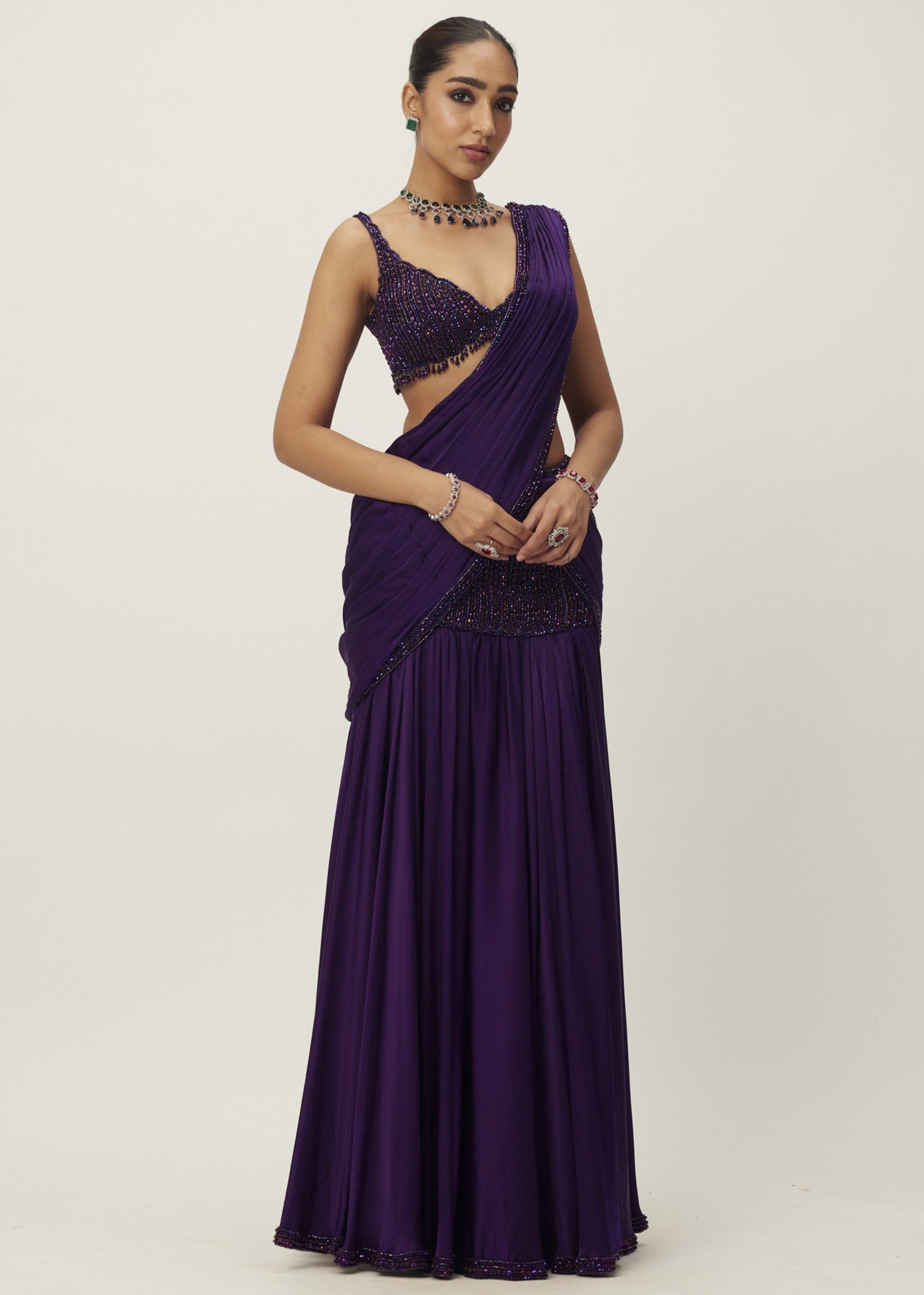 Royalty Purple Pre Draped Crystal Beaded Sari Set