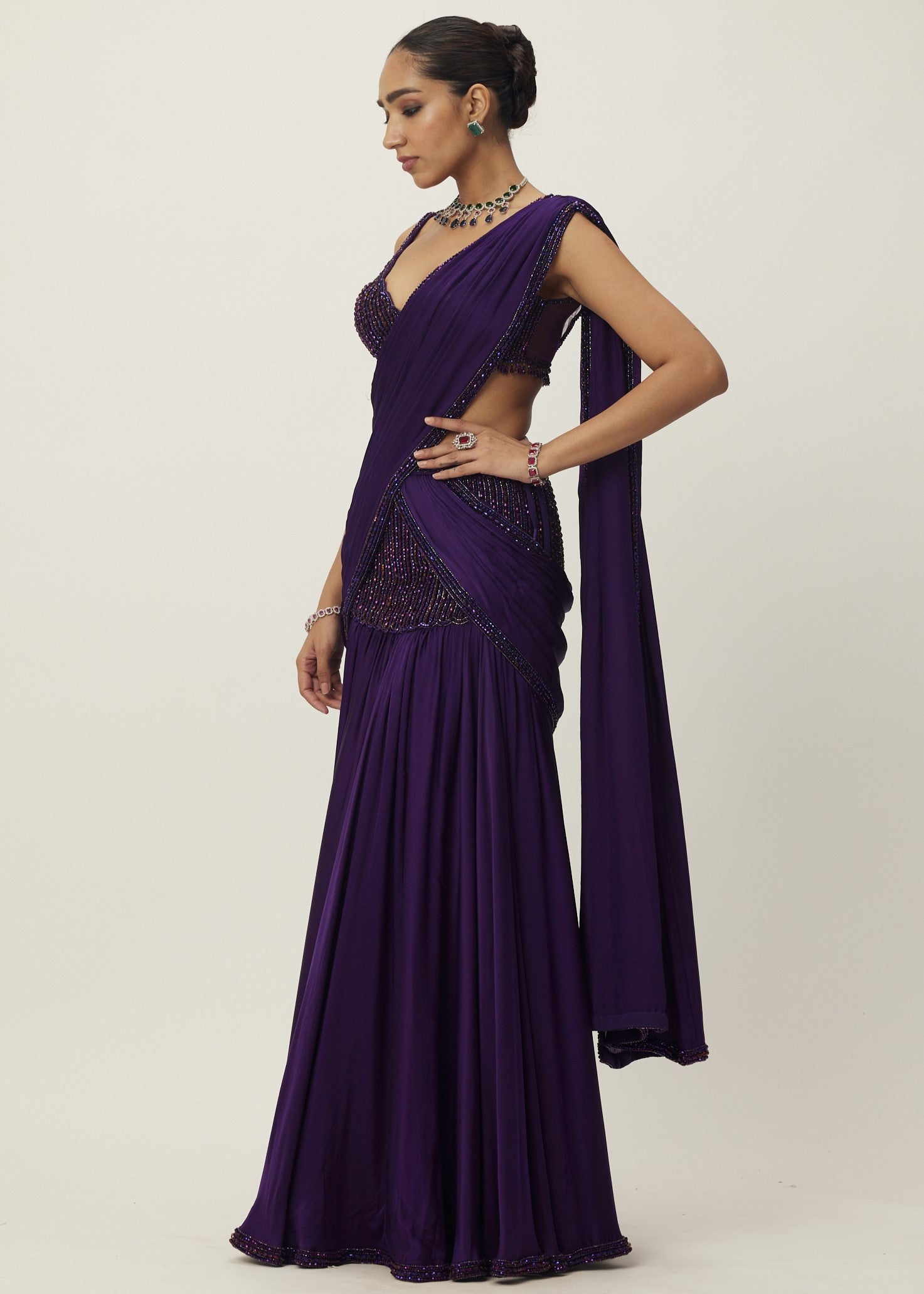 Royalty Purple Pre Draped Crystal Beaded Sari Set