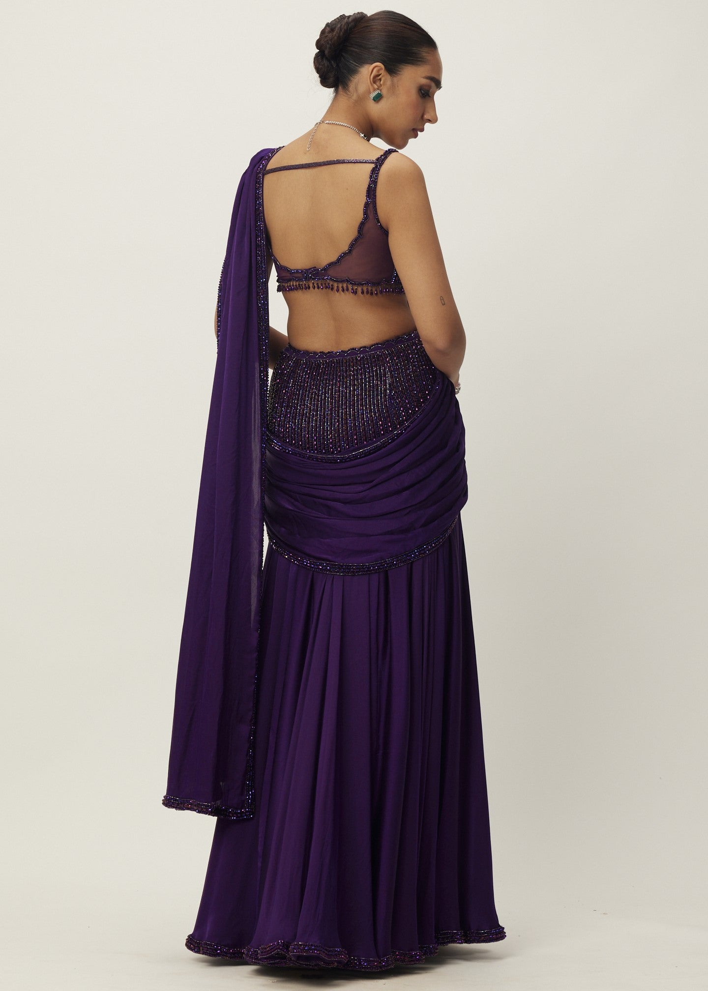 Royalty Purple Pre Draped Crystal Beaded Sari Set