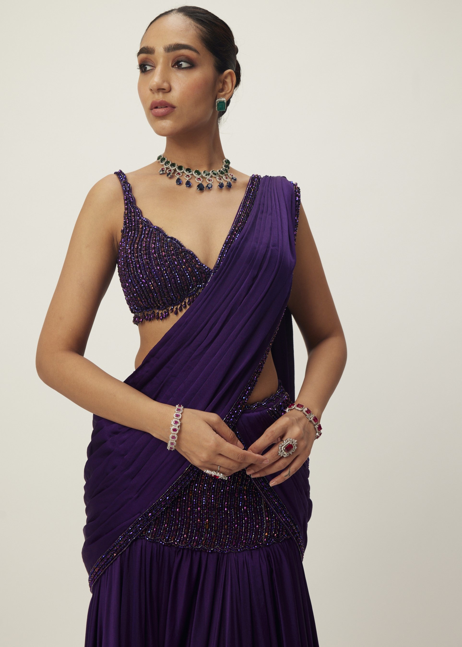Royalty Purple Pre Draped Crystal Beaded Sari Set