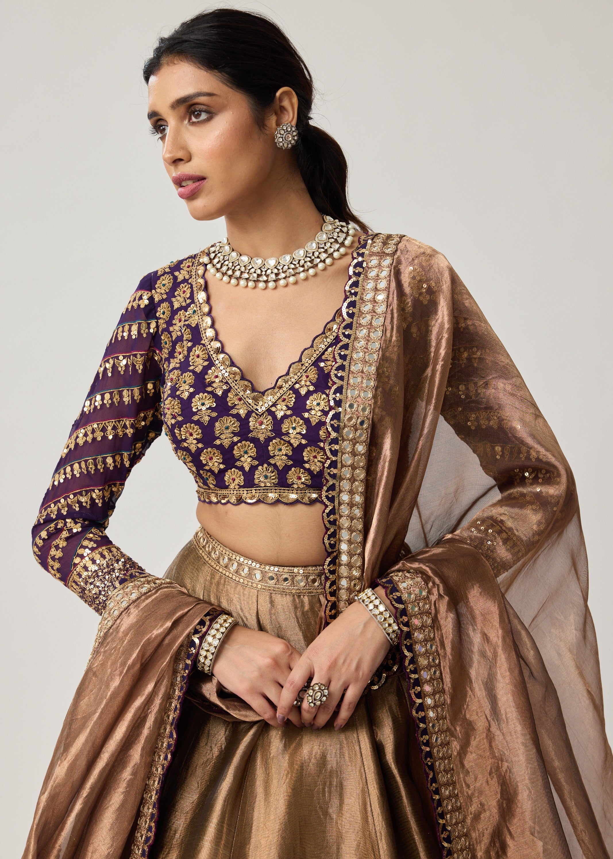 Copper Tissue Mughal Motif Lehenga Set