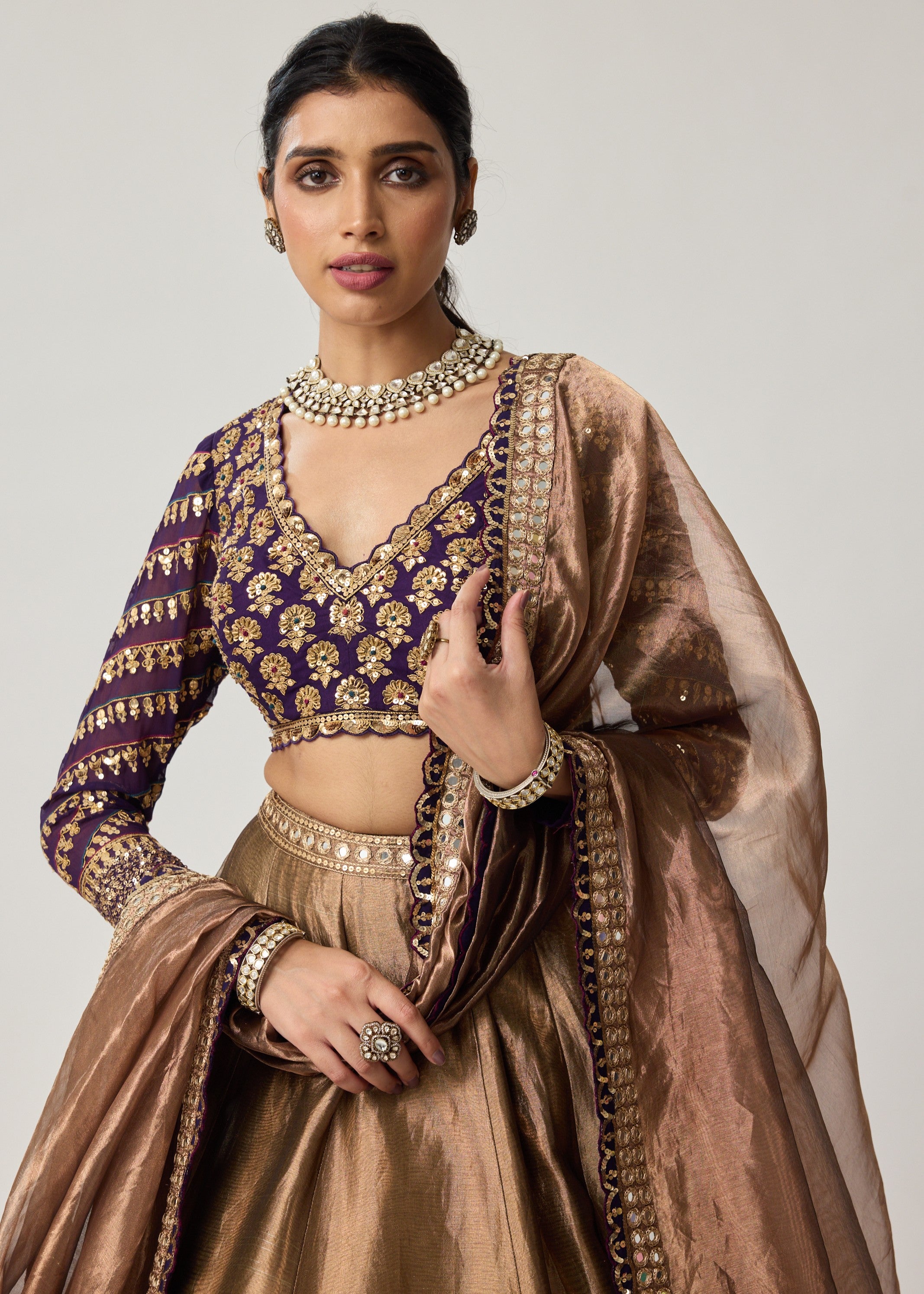 Copper Tissue Mughal Motif Lehenga Set