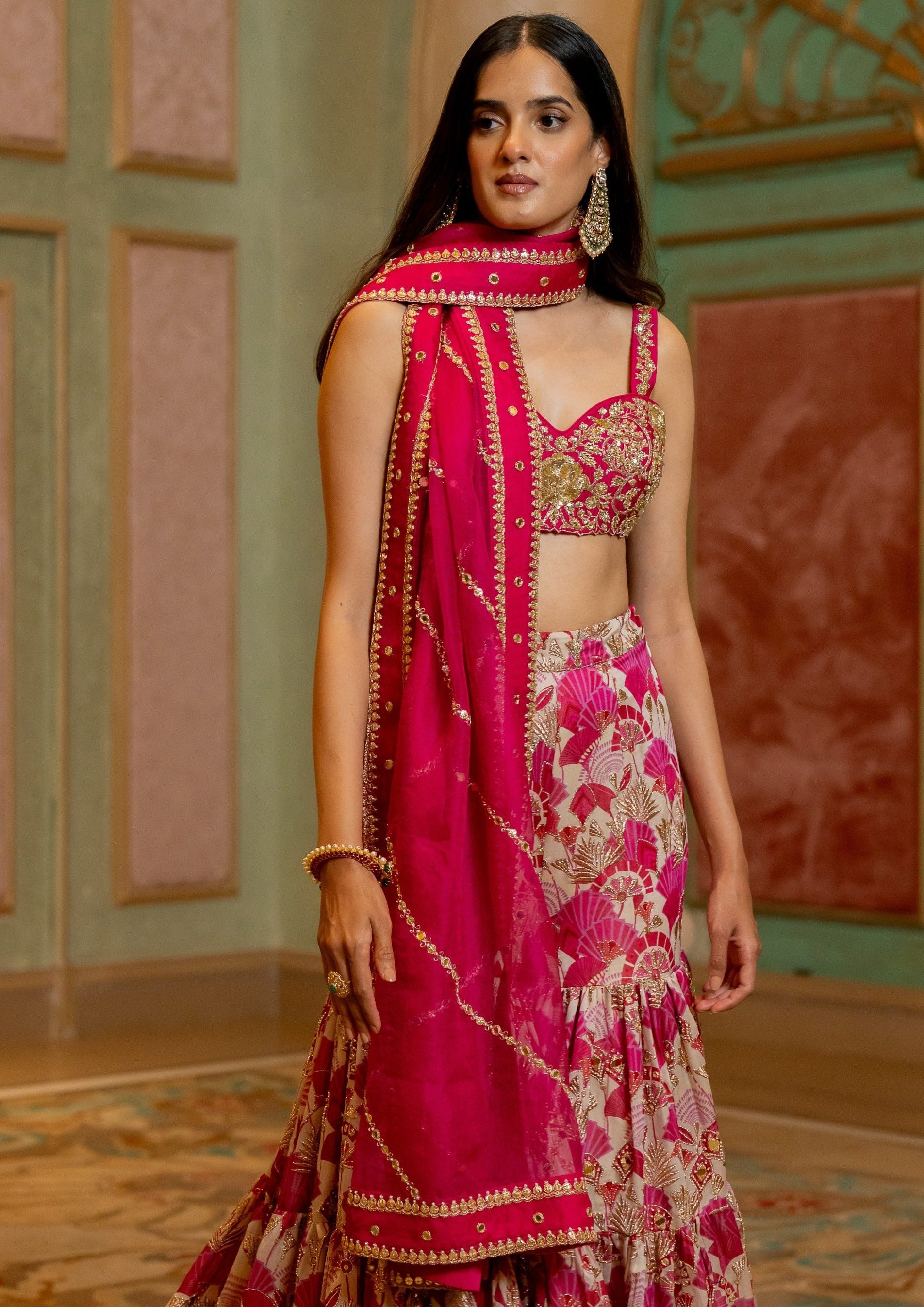 Geometric Floral Printed Sharara Lehenga Set