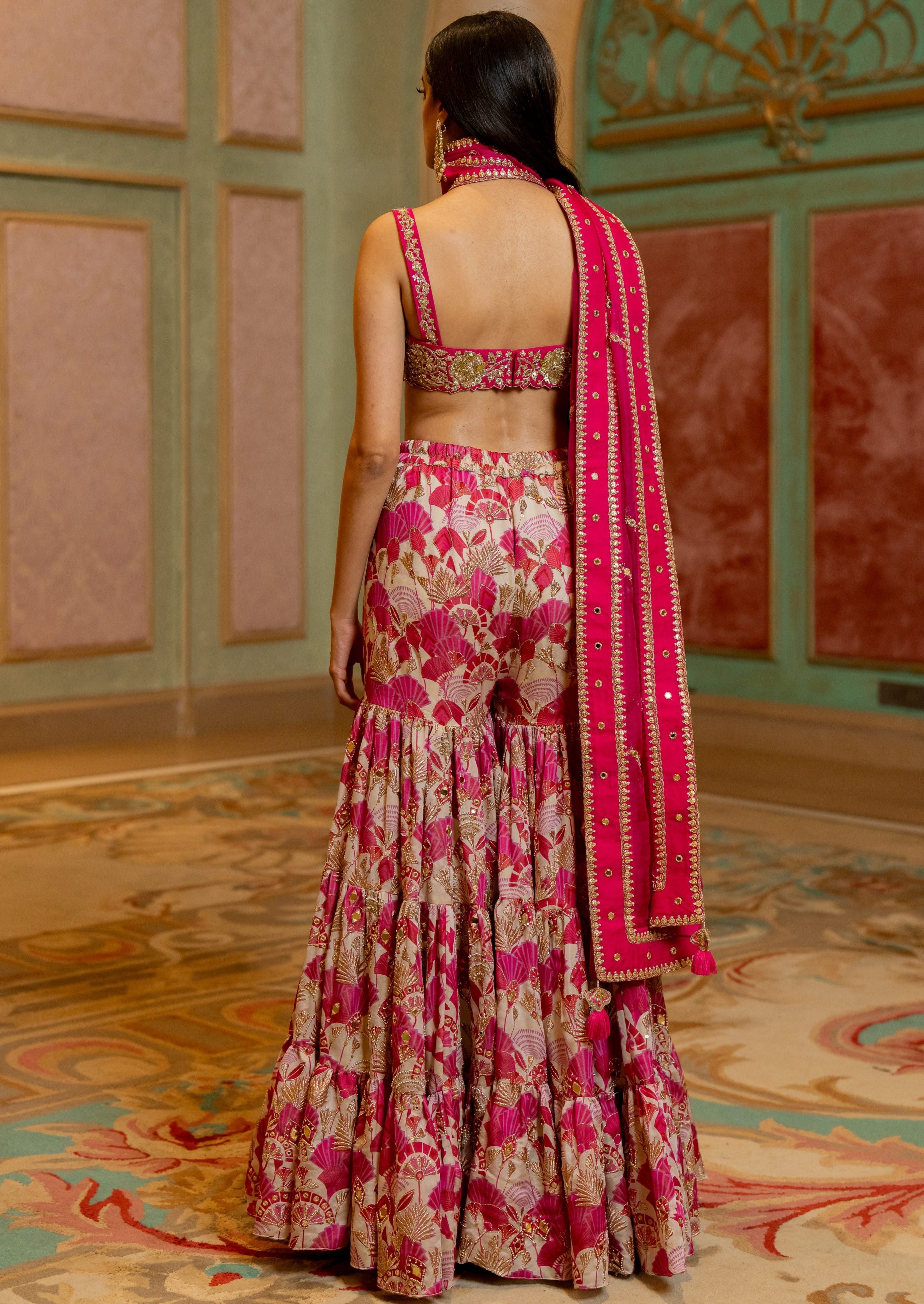 Geometric Floral Printed Sharara Lehenga Set